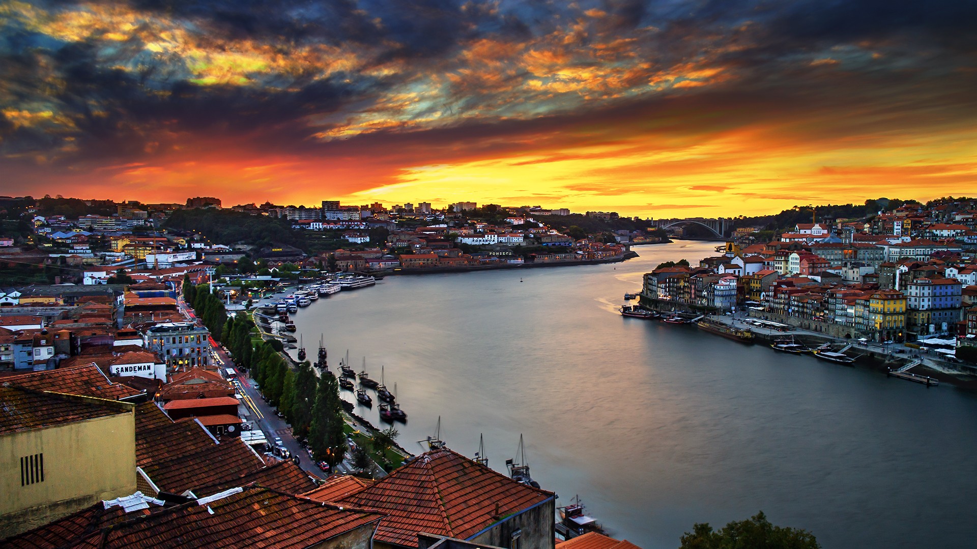 Portugal Porto House River Sunset Bridge Landscape Boat Overcast 1920x1080