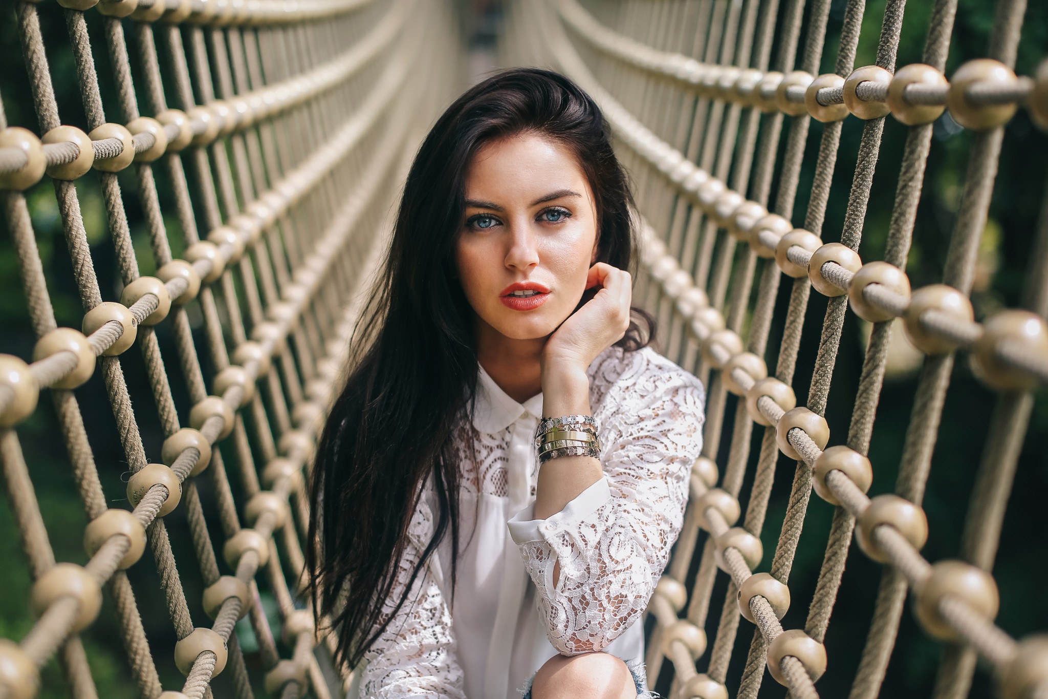 Aurela Skandaj Women Model Women Model Black Hair Blue Eyes Red Lipstick Open Mouth Rope Bridge Look 2048x1365