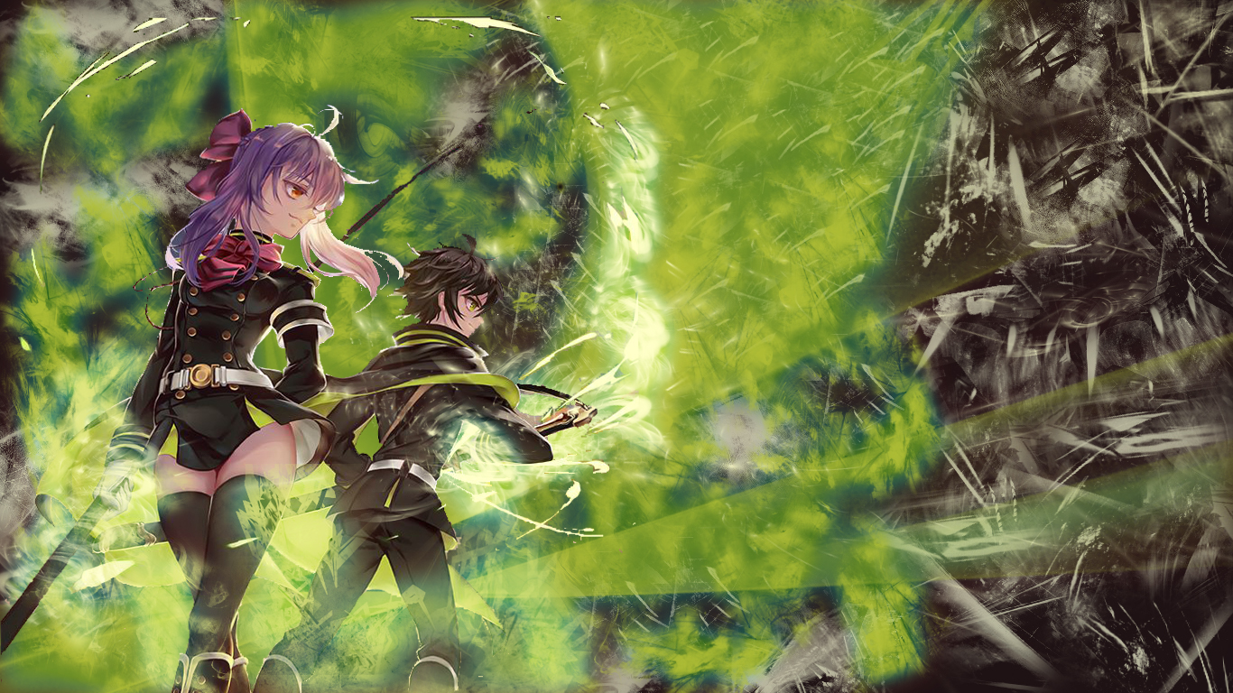 Shinoa H Ragi Y Ichir Hyakuya Anime Seraph Of The End Purple Hair Skirt Sword Smile Black Hair Green 1366x768
