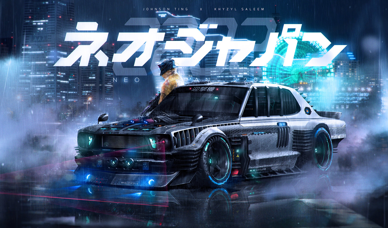 Johnson Ting Khyzyl Saleem Cyberpunk Car Neon Lights Futuristic Rain Neo Japan 2202 Blue 1600x942