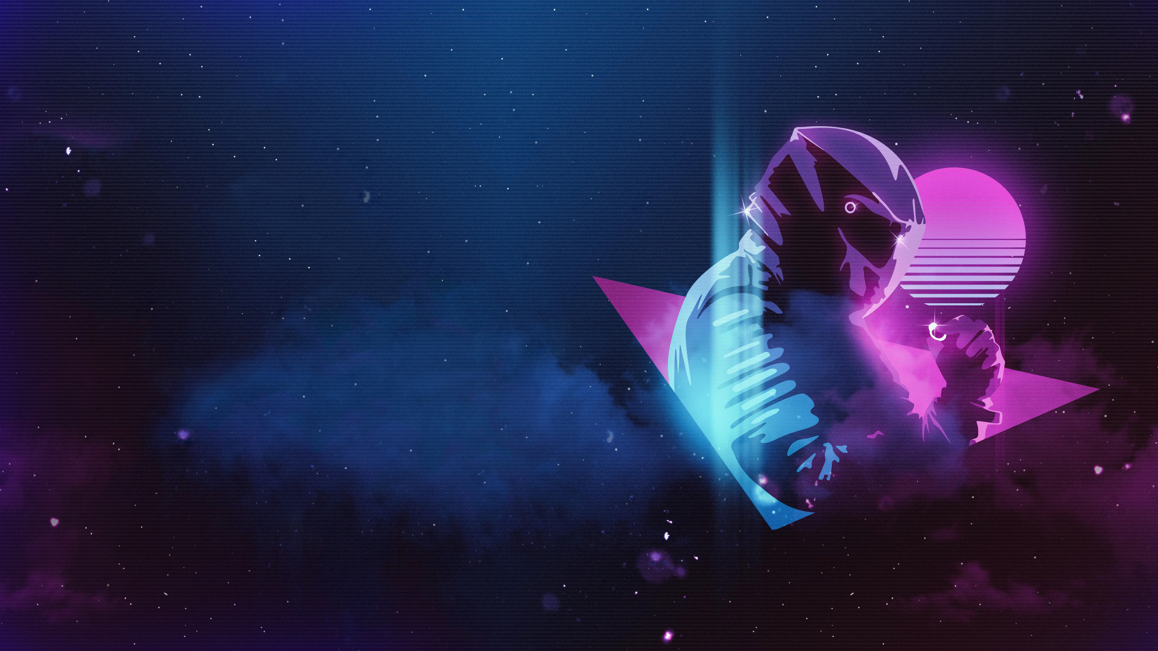 1980s Synthwave New Retro Wave Monstercat Neon Motorcyclist Space Nebula Scanlines Musician 3733x2100