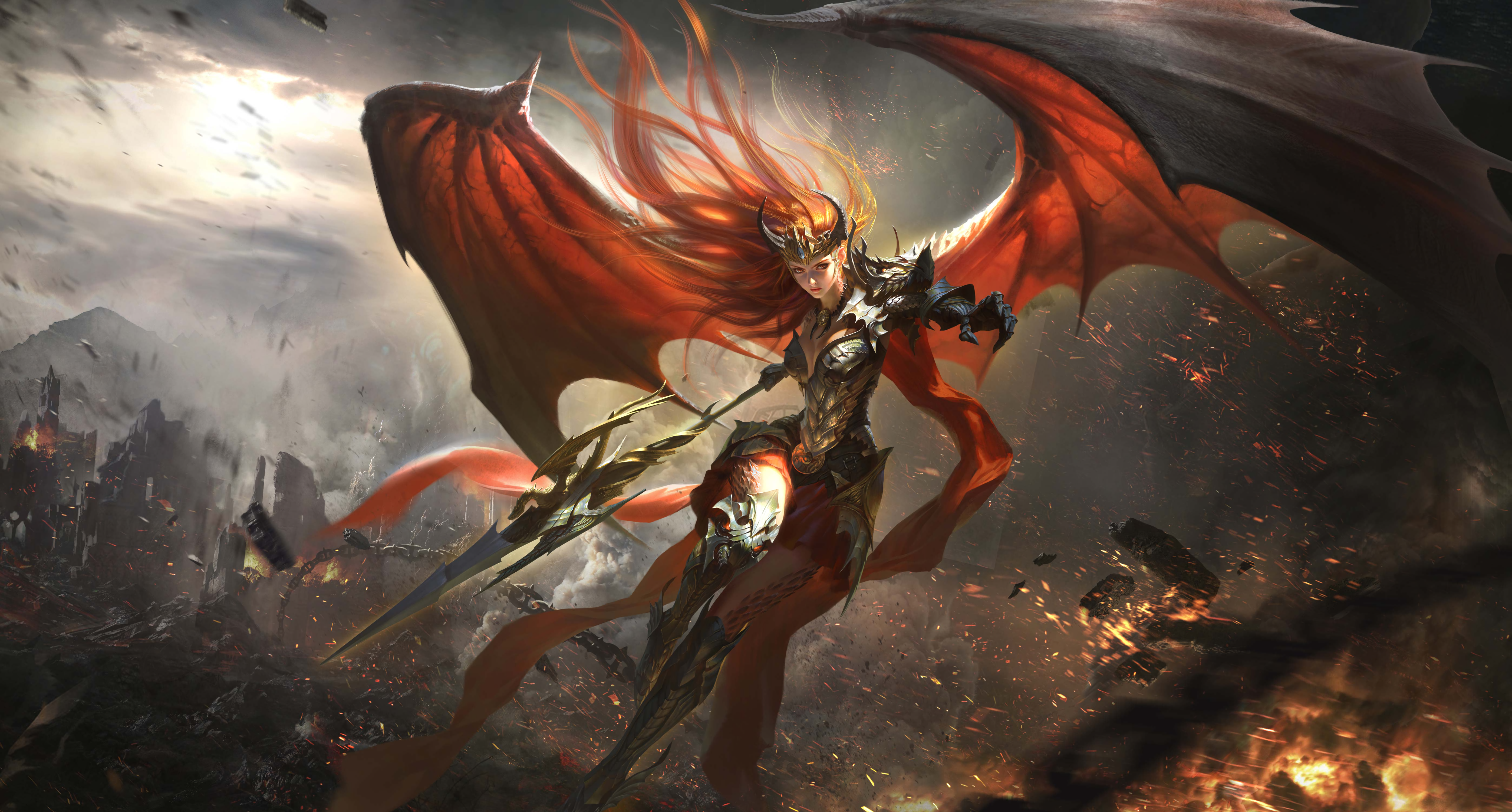 Digital Art Artwork Women Video Games Wings Looking At Viewer Armour Dragon Wings Redhead Destructio 5589x3000