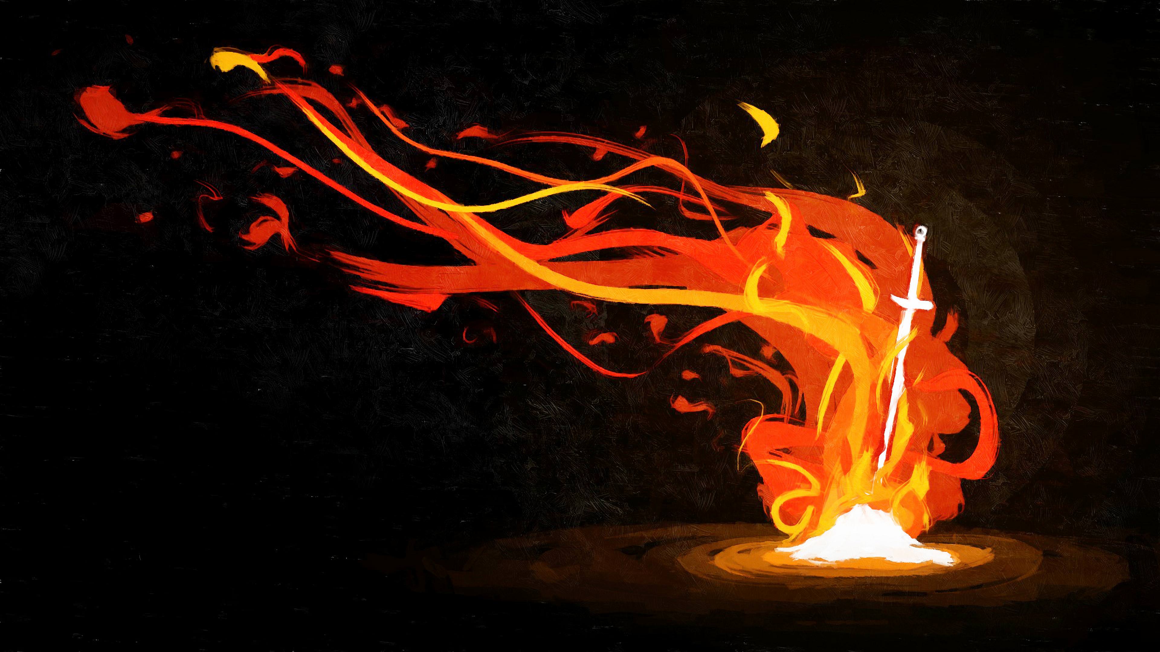 Bonfires Dark Souls Video Game Art Fire Sword Video Games 3840x2160
