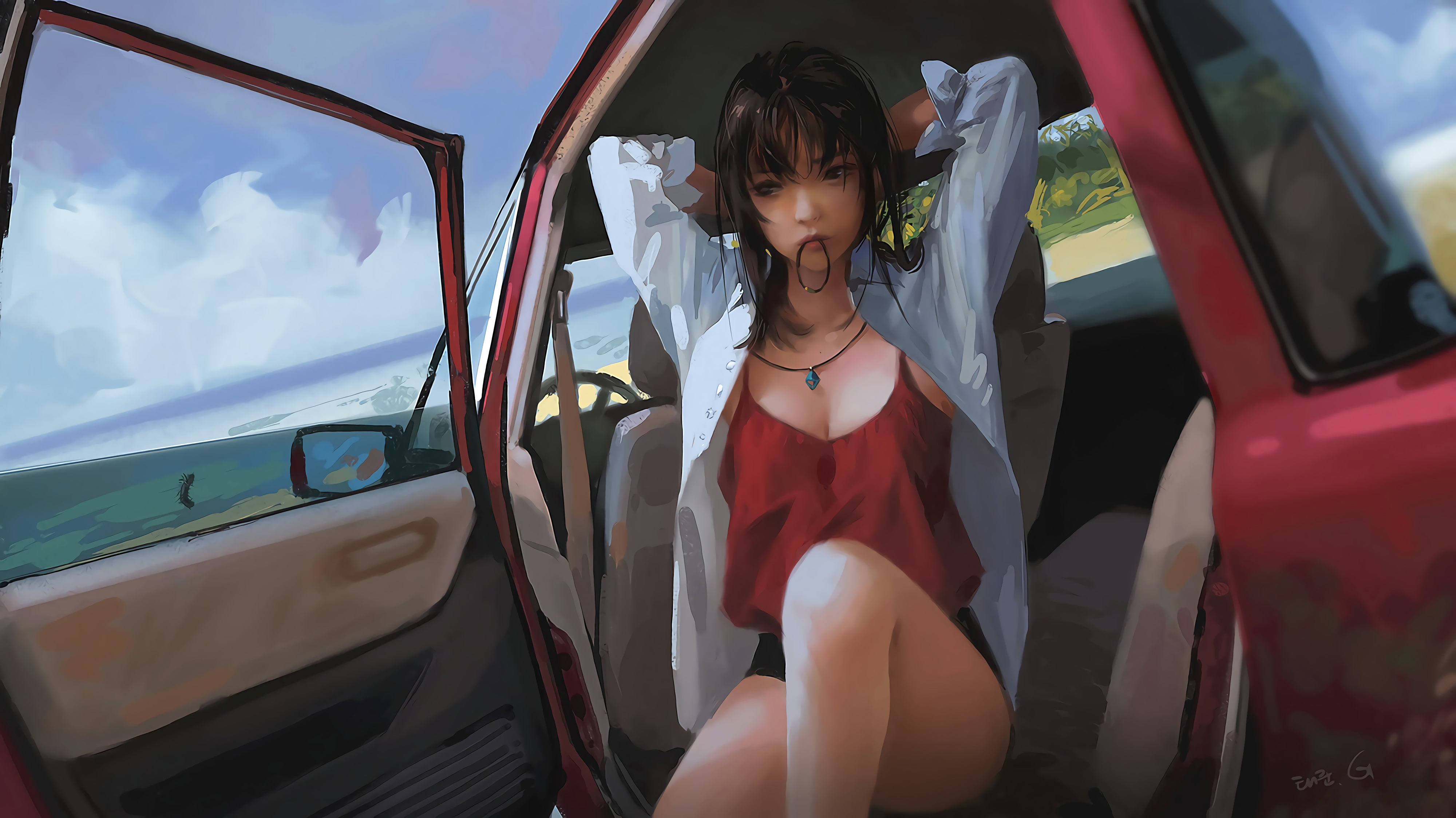 Digital Art Artwork Women Brunette Red Shirt Beach Car Taejune Kim Sitting In The Car Long Hair Illu 4000x2248