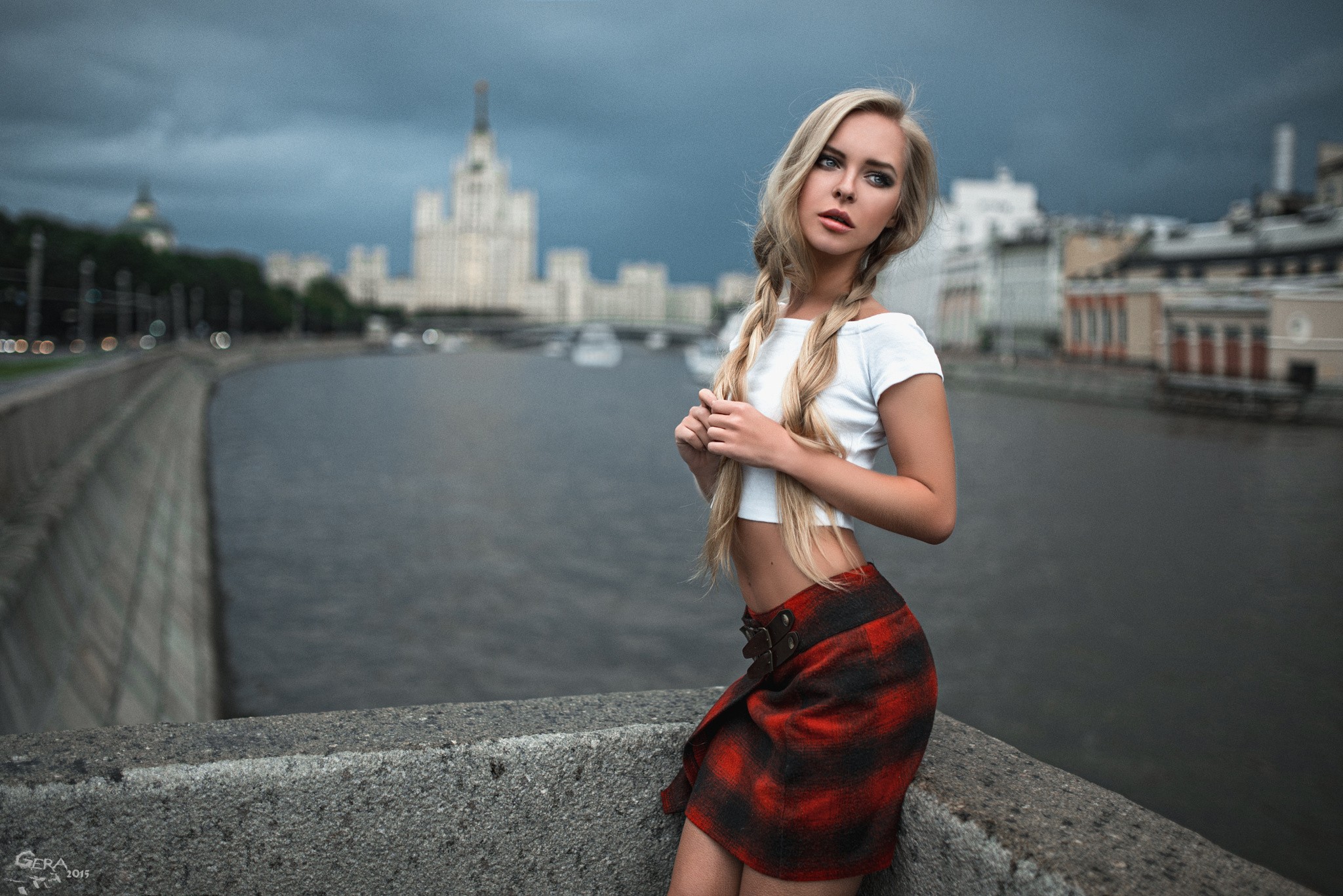 Women Model Blonde Skirt River City Looking Away Braids Victoria Pichkurova 2048x1367