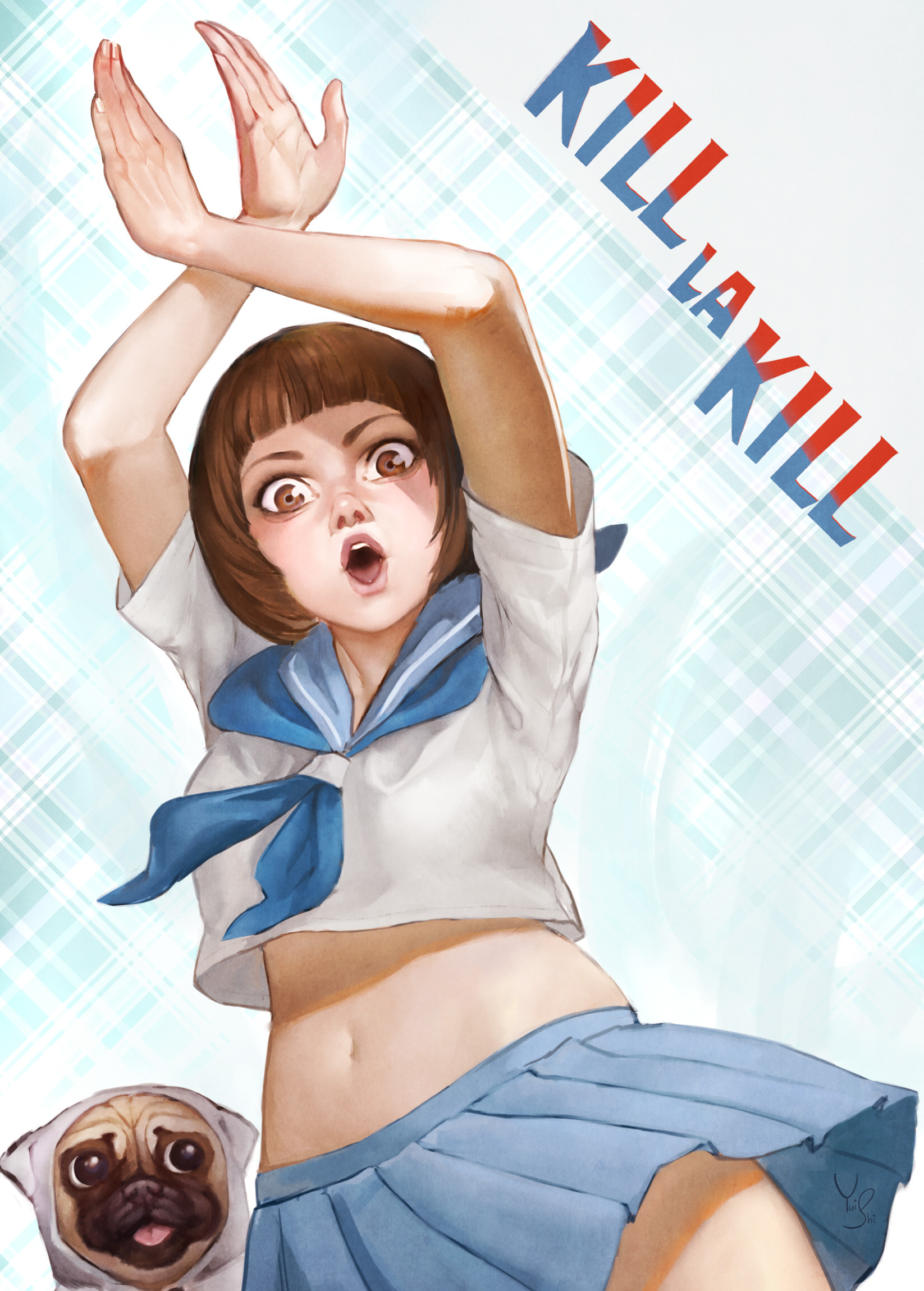 Anime Girls Yui Shi Kill La Kill Mankanshoku Mako Sailor Uniform Short Hair Fan Art 2D Brunette Brow 1646x2300