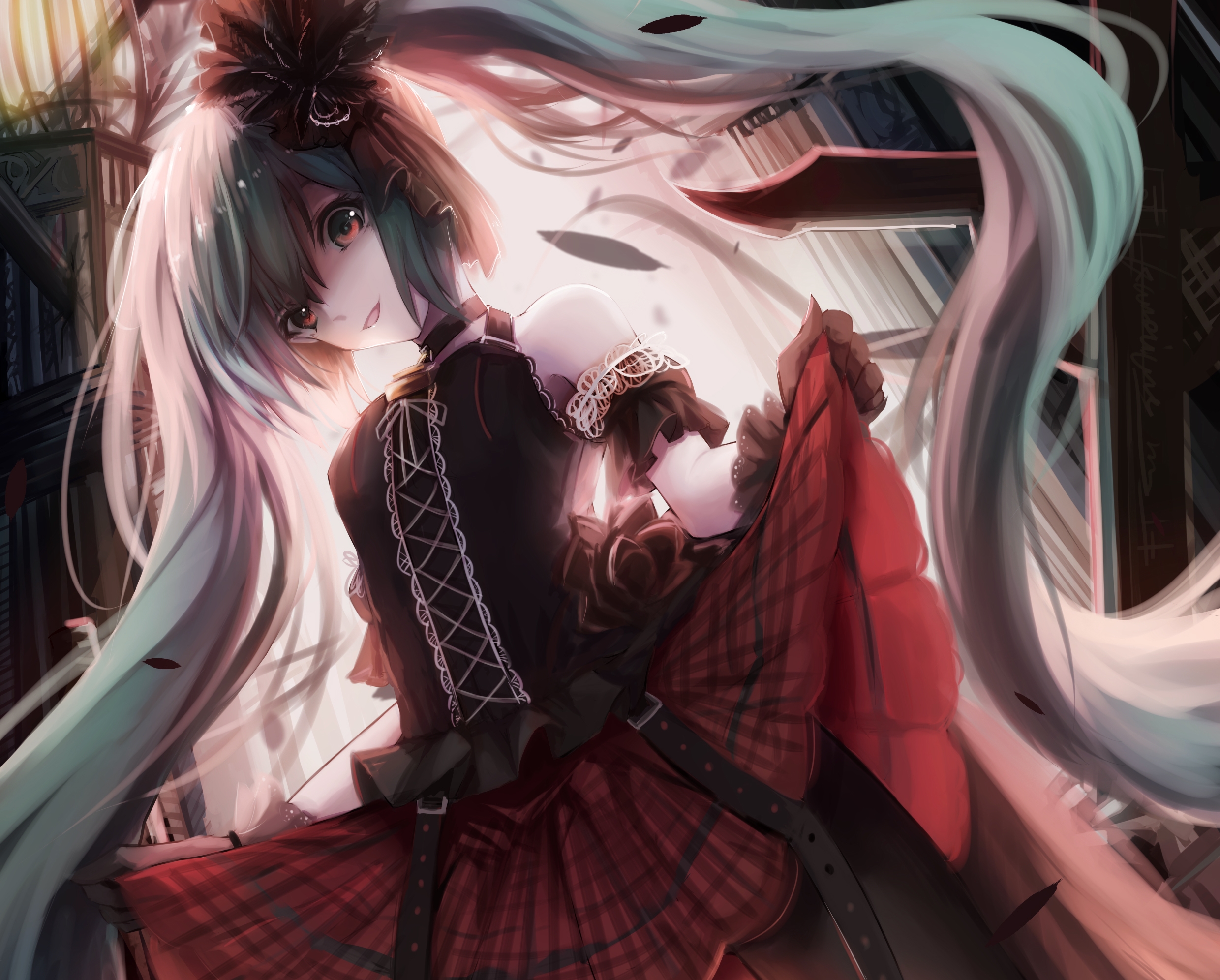 Anime Anime Girls Red Eyes Dress Black Legwear Skirt Lifting 2480x1992