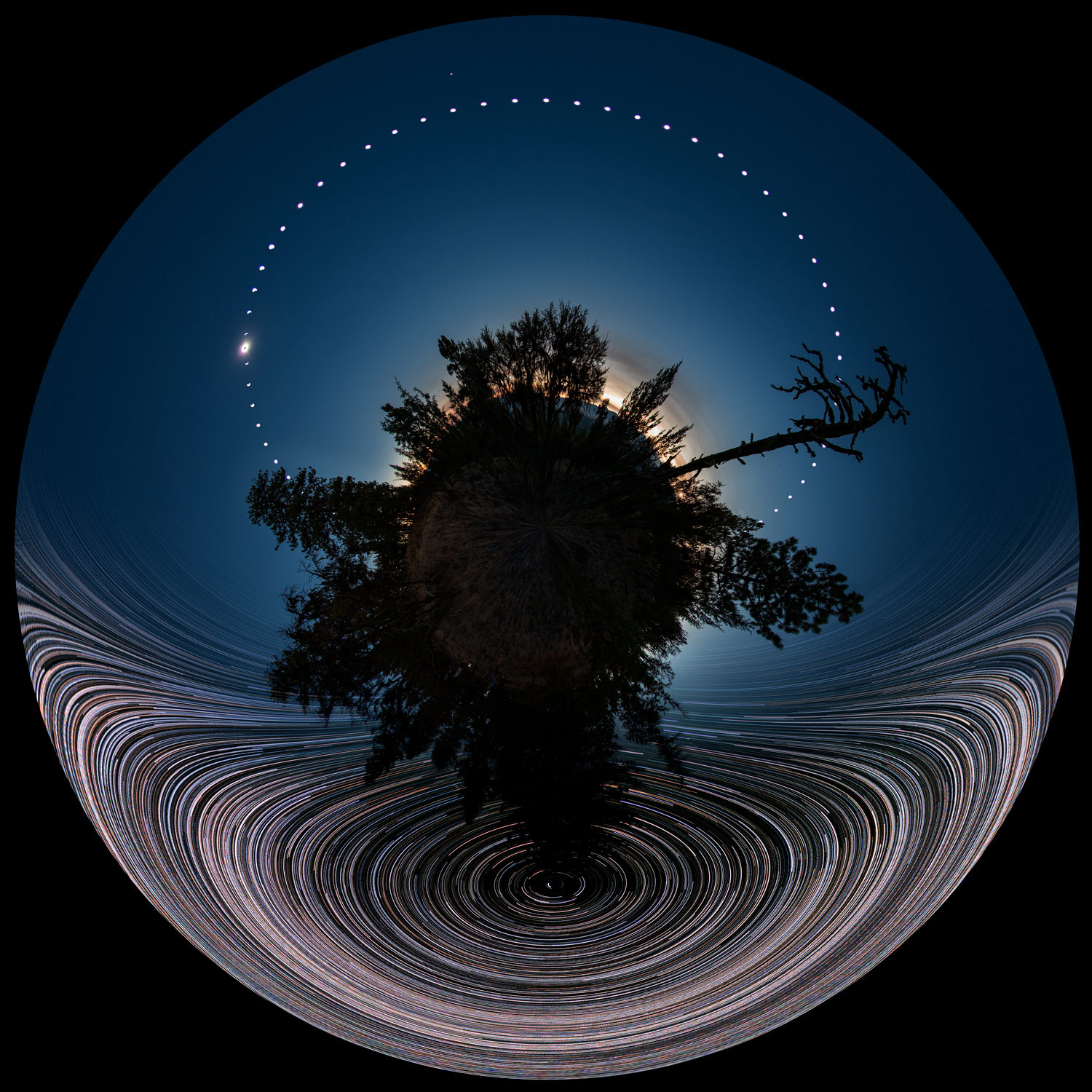 Space Universe Black Background Stars Panoramic Sphere Sun Solar Eclipse Sphere Long Exposure Trees  1500x1500