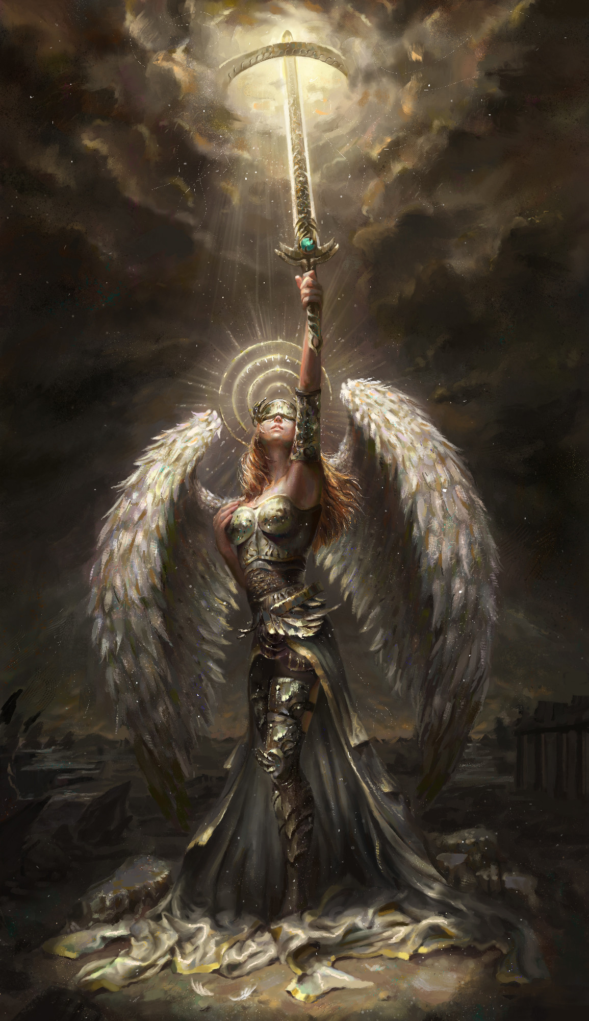 Women Archangel Wings Armor Helmet Long Hair Redhead Sword Mantle Painting 1155x2000