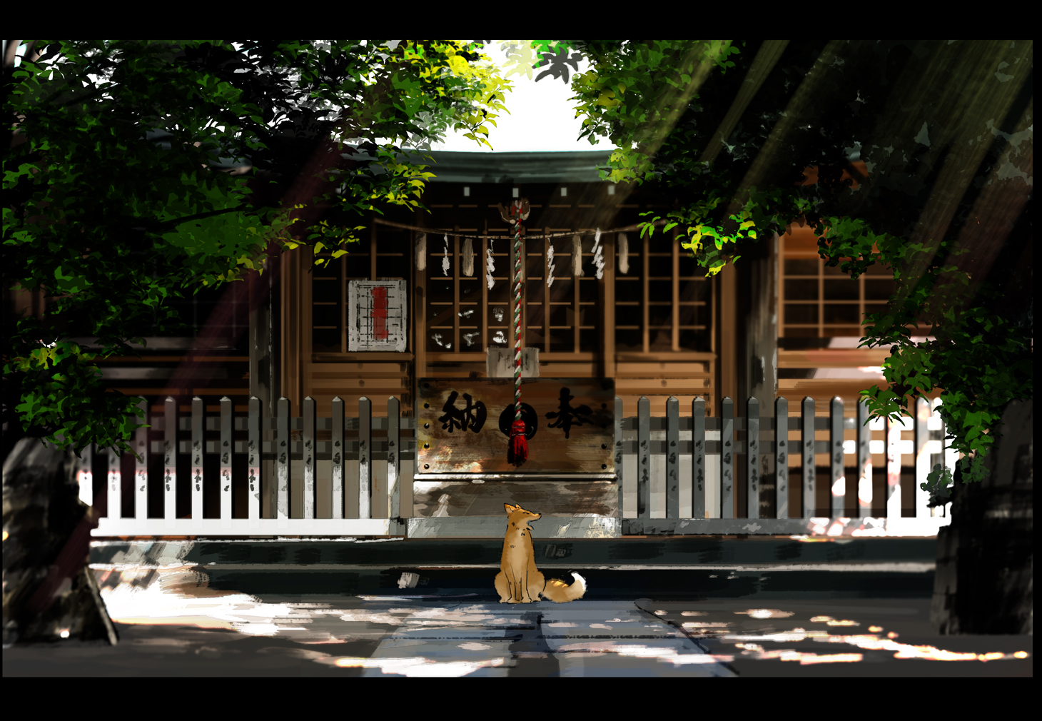 Building Digital Art Animals Shade Trees Fox Anime 1460x1010