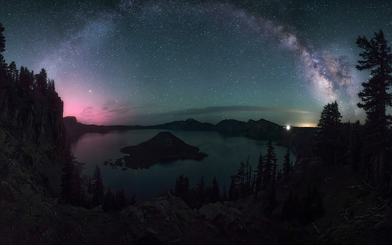 Nature Landscape Starry Night Milky Way Crater Lake Trees Lights Long Exposure Oregon 1300x812