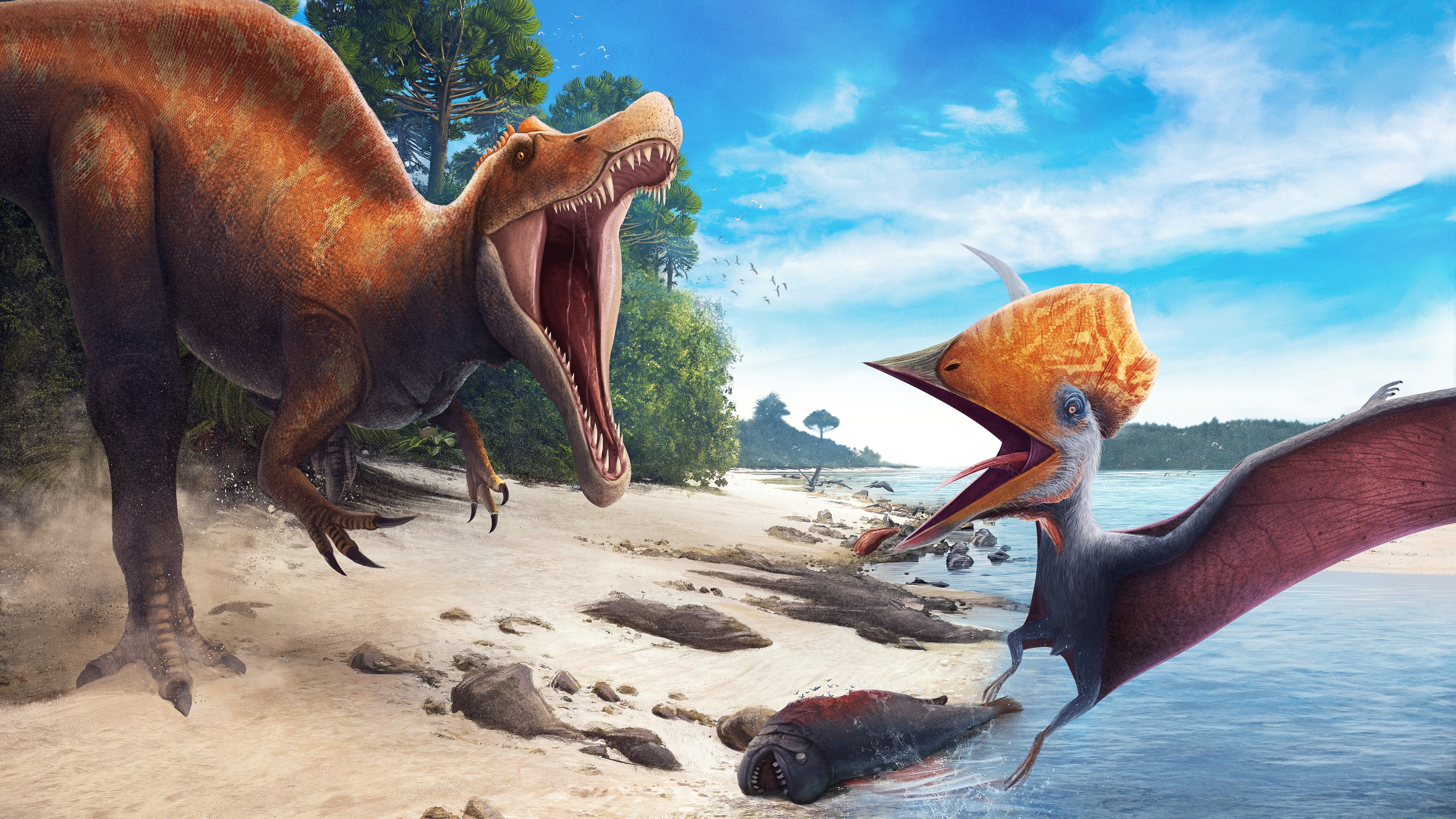 Dinosaurs Prehistoric Life Water Beach 3840x2160