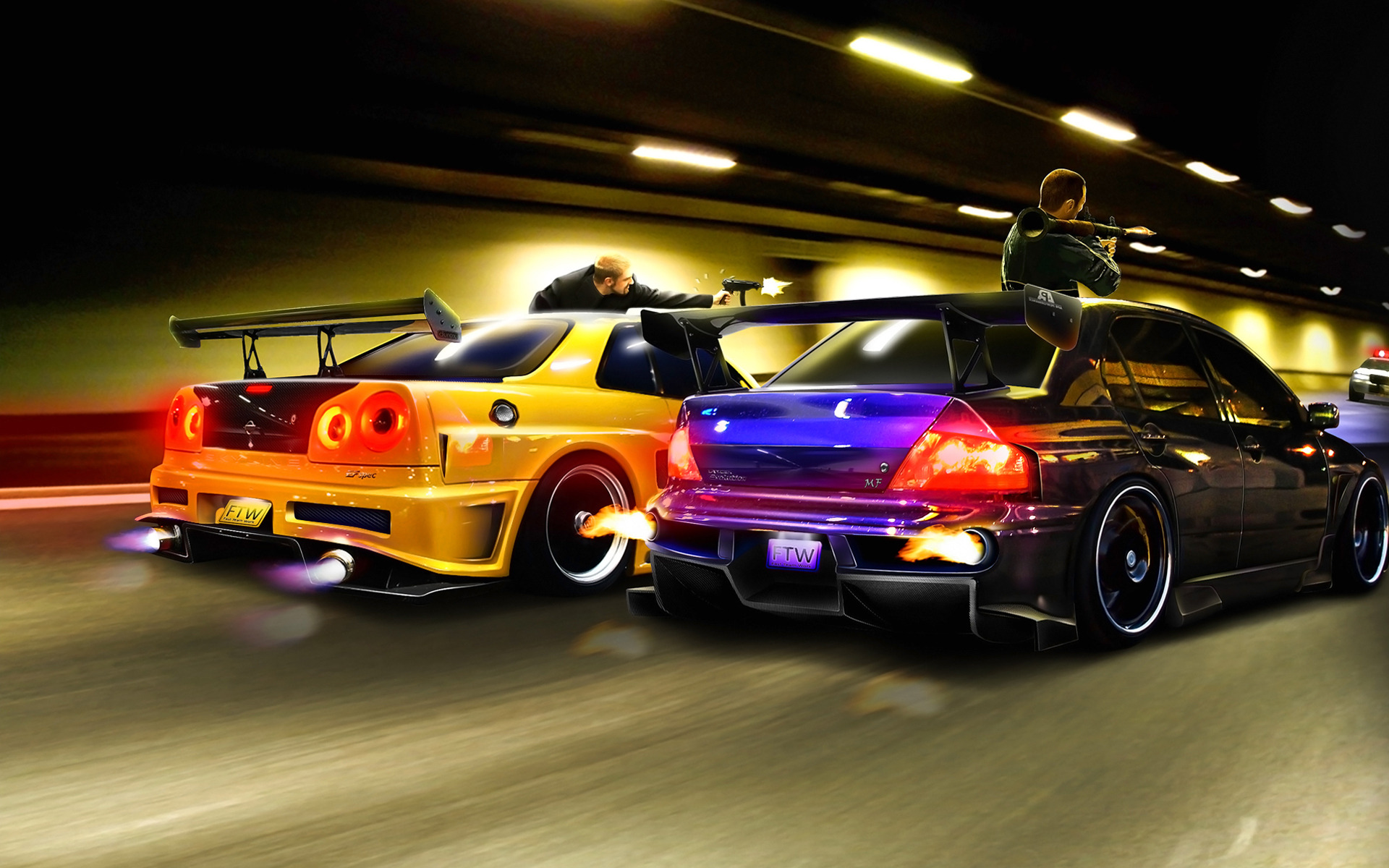 Car Tuner Car Fire Weapon RPG 7 Artwork Digital Art Nissan GTR Grand Theft Auto 1920x1200