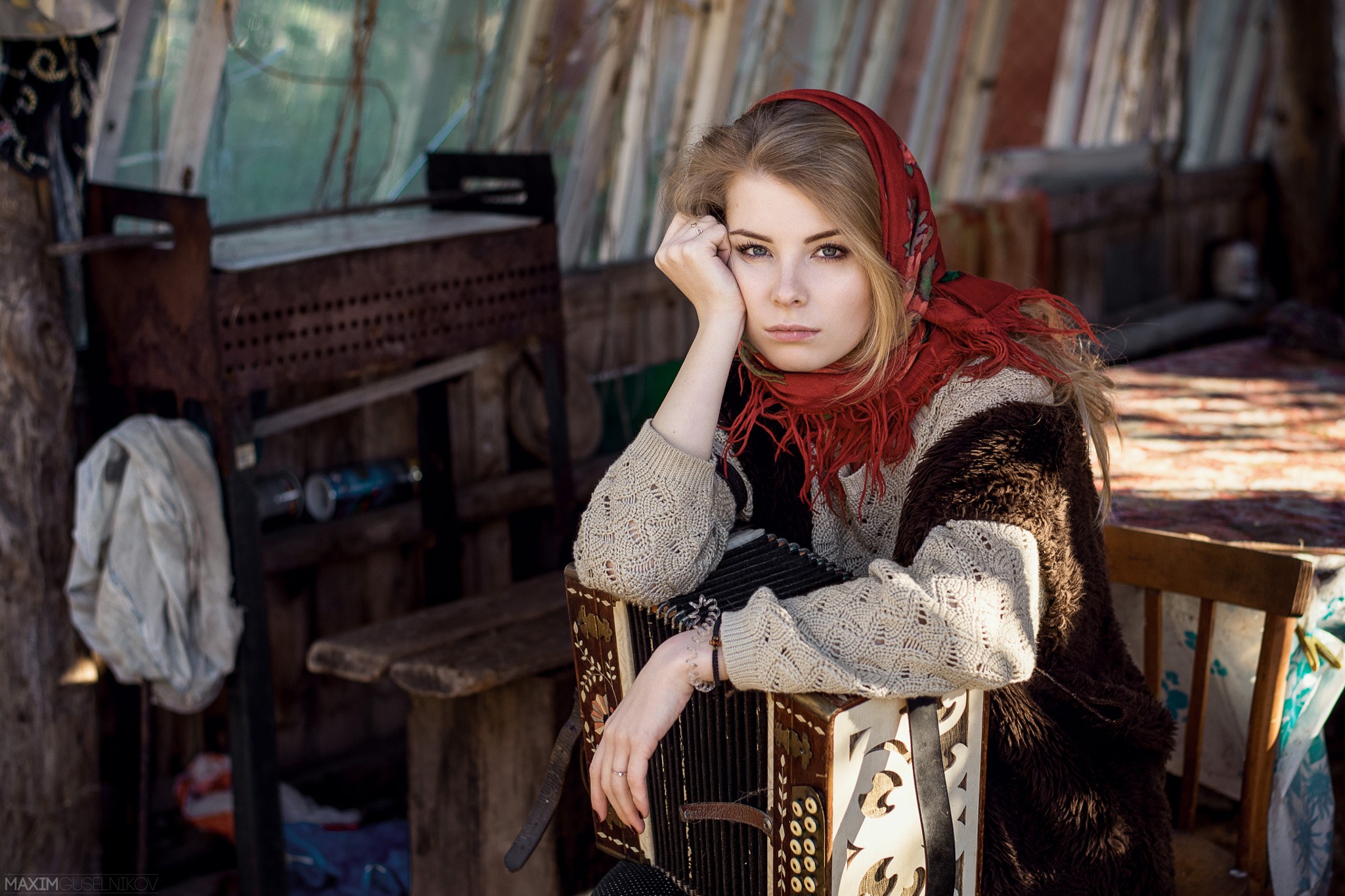 Maxim Guselnikov Women Blonde Scarf Sweater Blue Eyes Traditional Clothing Accordions Irina Popova 2048x1365