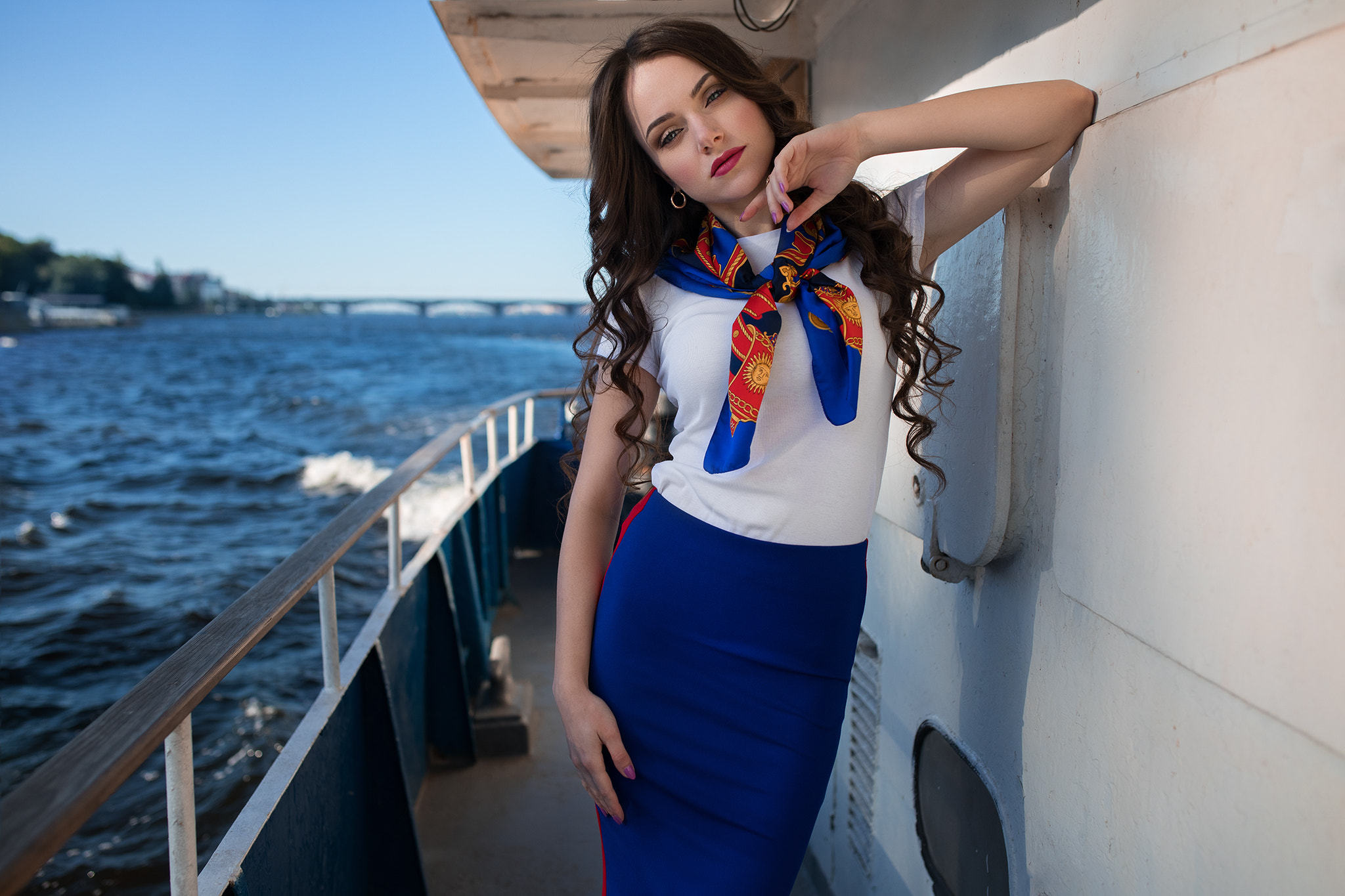 Women Dmitry Sn Boat Portrait Purple Nails Dmitry Shulgin Brunette Long Hair Blue Skirt White Tops S 2048x1365