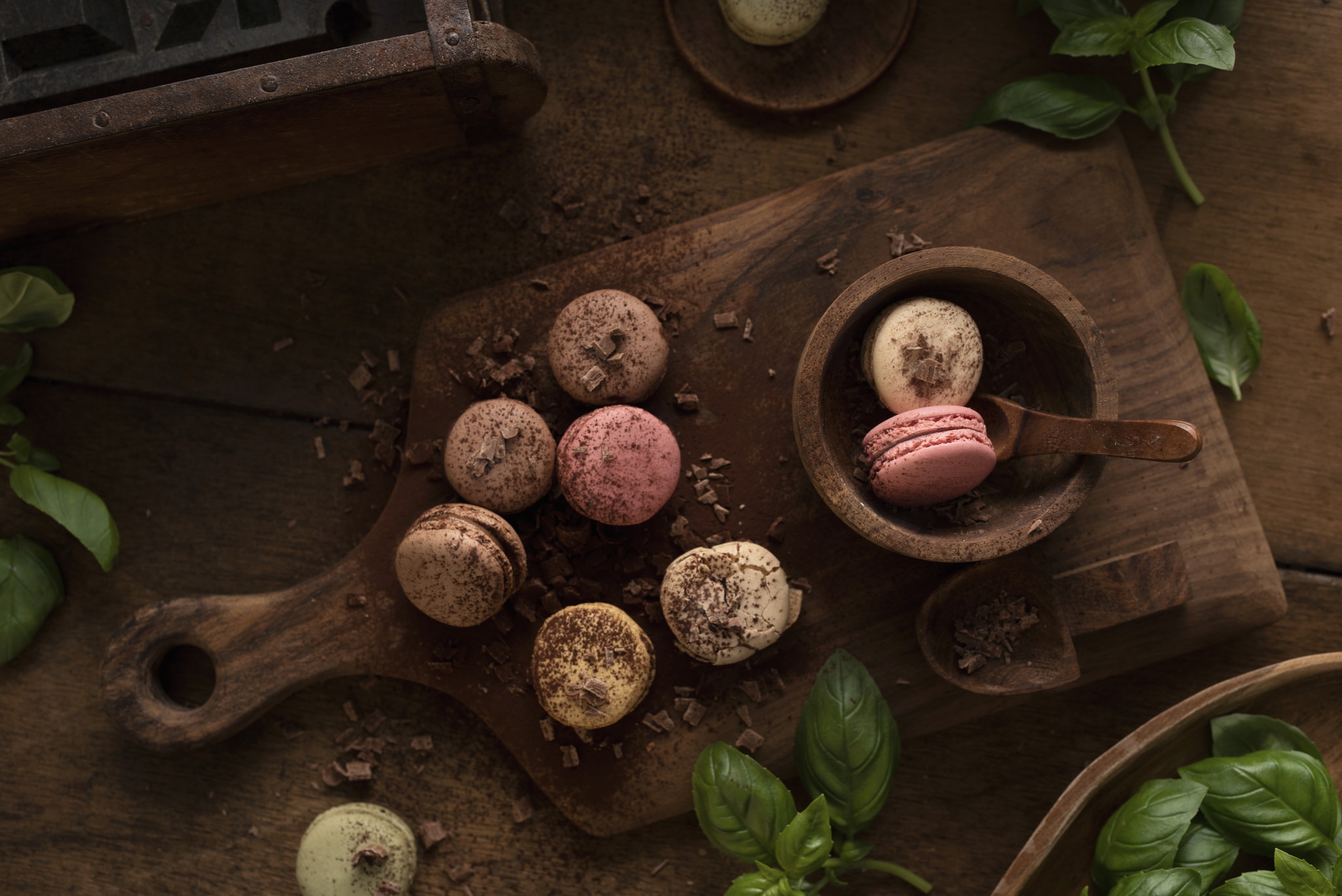 Food Sweets Chocolate Leaves Cutting Board Basil Macarons 2048x1367