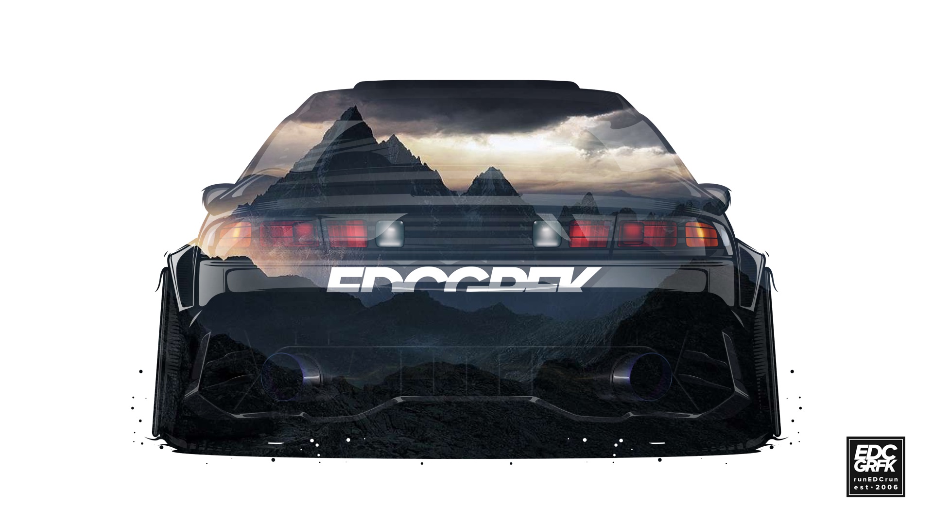 EDC Graphics Nissan Silvia S14 Nissan Nissan Render Japanese Cars JDM Mountains Rear View 1920x1080