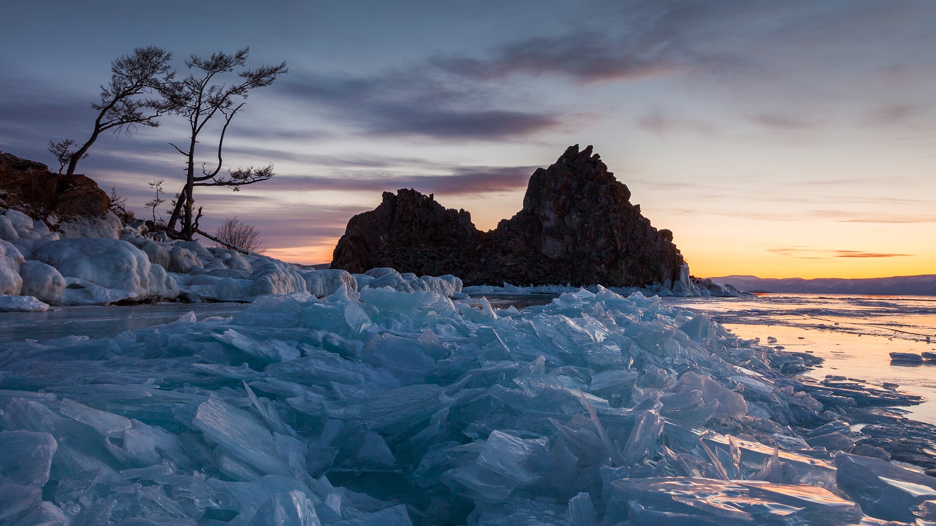 Nature Landscape Ice Trees Mountains Sky Rocks Russia Lake Baikal Frozen Lake 1920x1080