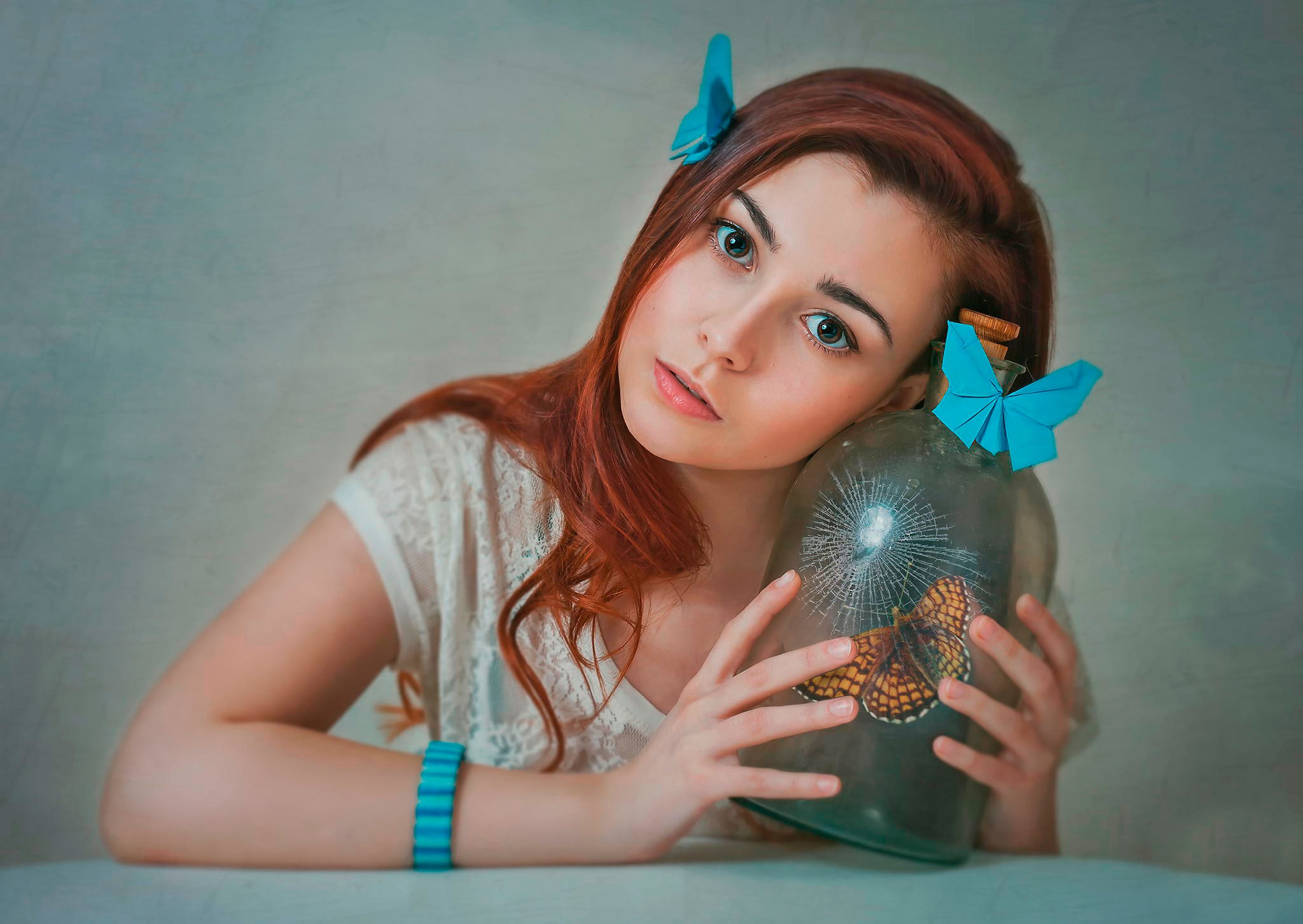 Women Model Butterfly Redhead Jars Gray Eyes 2048x1453