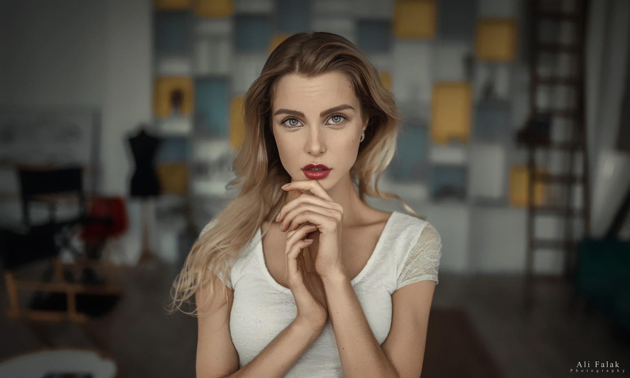 Women Model Blonde Long Hair Looking At Viewer Red Lipstick Dress White Dress Portrait Depth Of Fiel 2048x1229