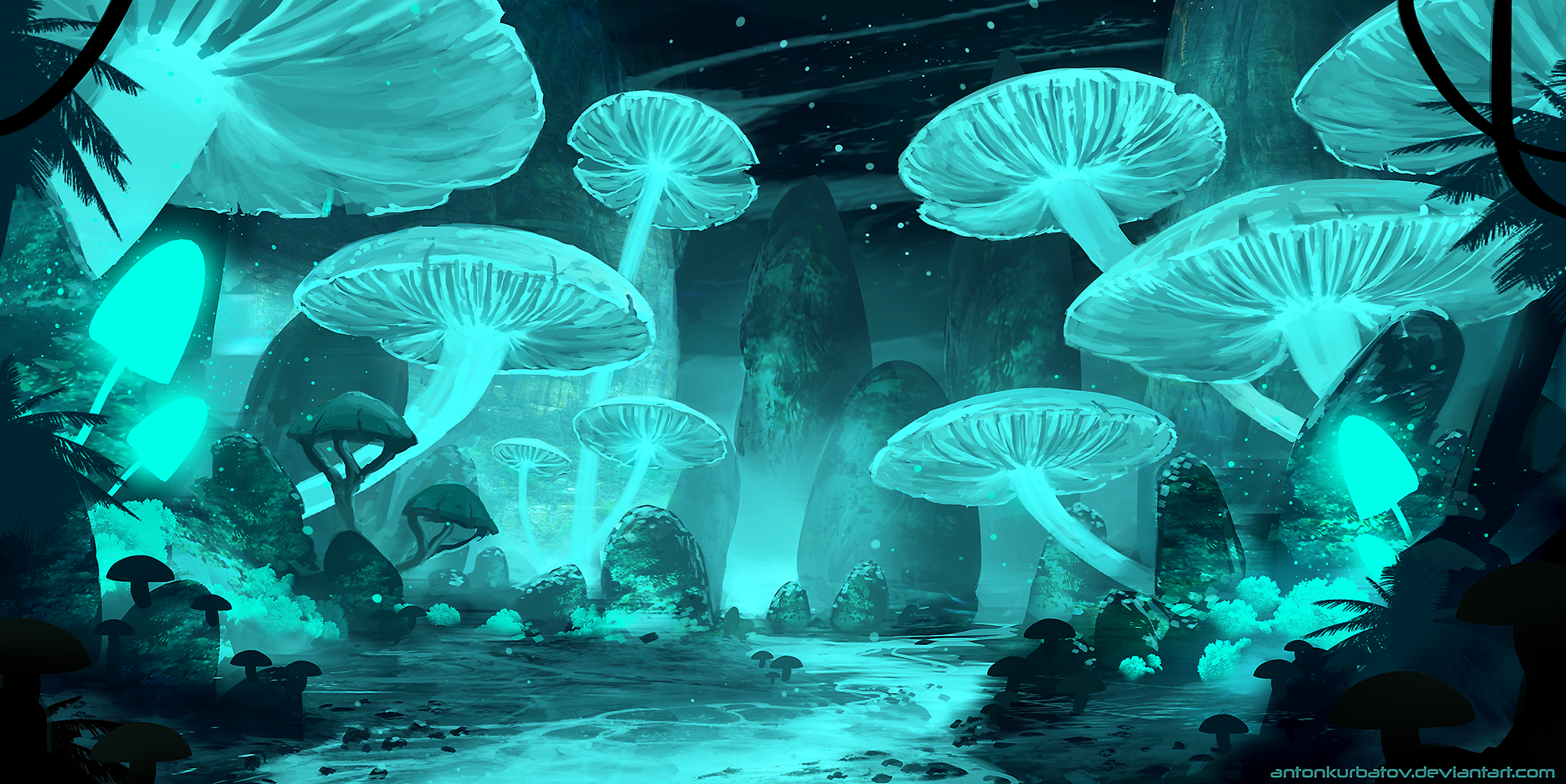 Digital Digital Art Artwork Drawing Digital Painting Fantasy Art Illustration Mushroom Landscape Blu 2048x1026