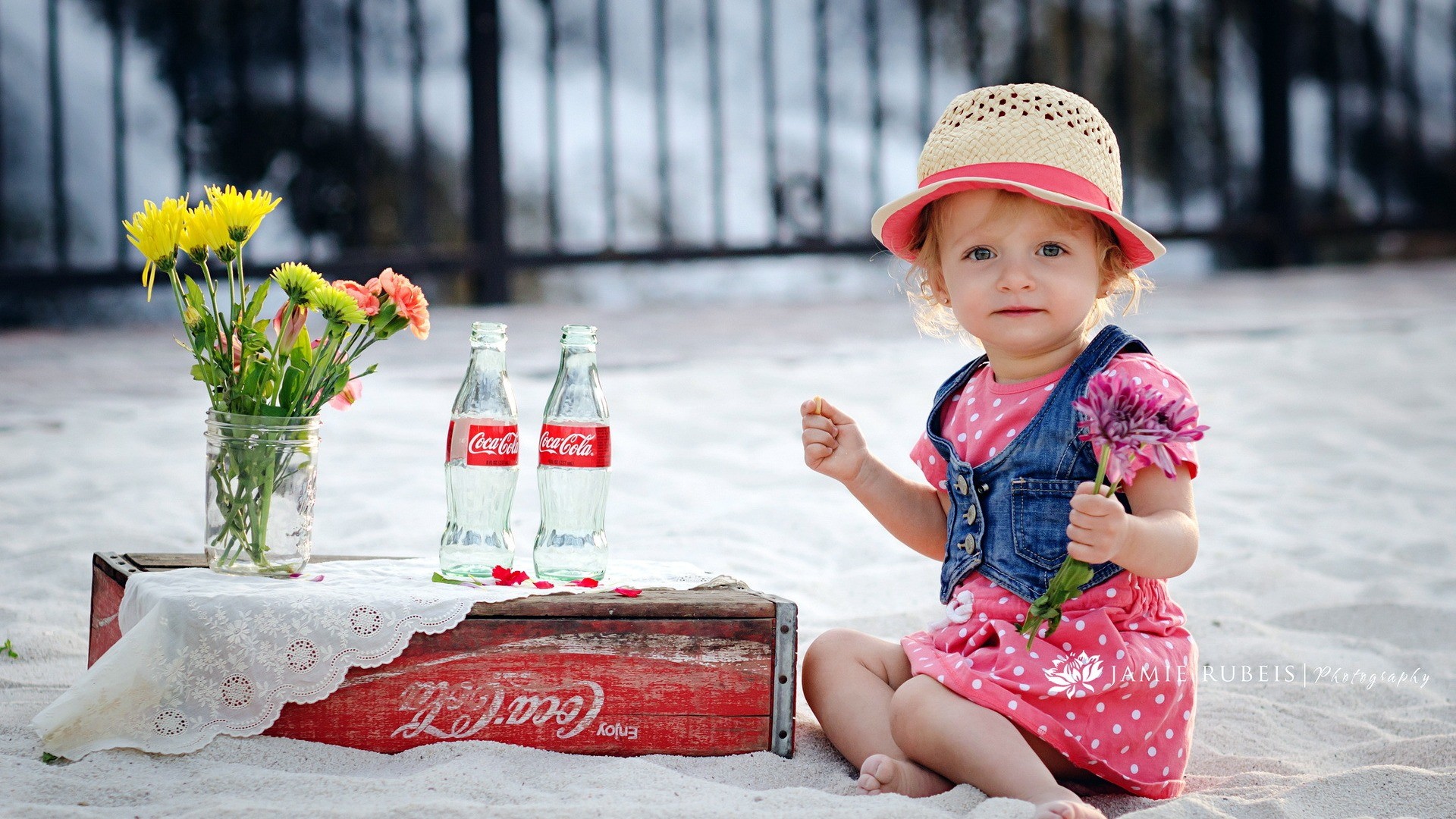 Children Coca Cola Hat Polka Dots Jars Bottles Flowers 1920x1080