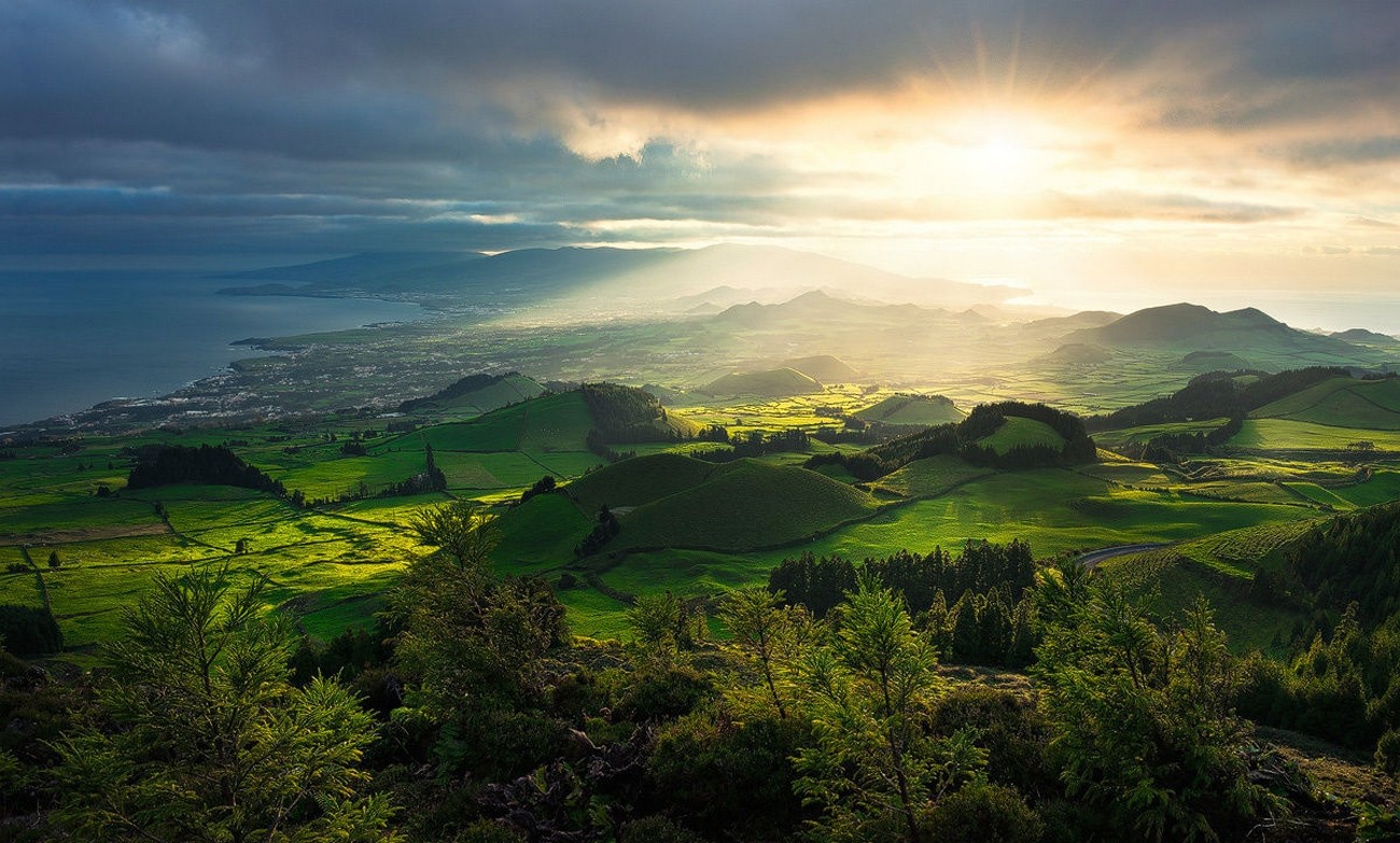Nature Photography Landscape Hills Trees Green Field Clouds Sunlight Town Sea Island Azores 1300x783