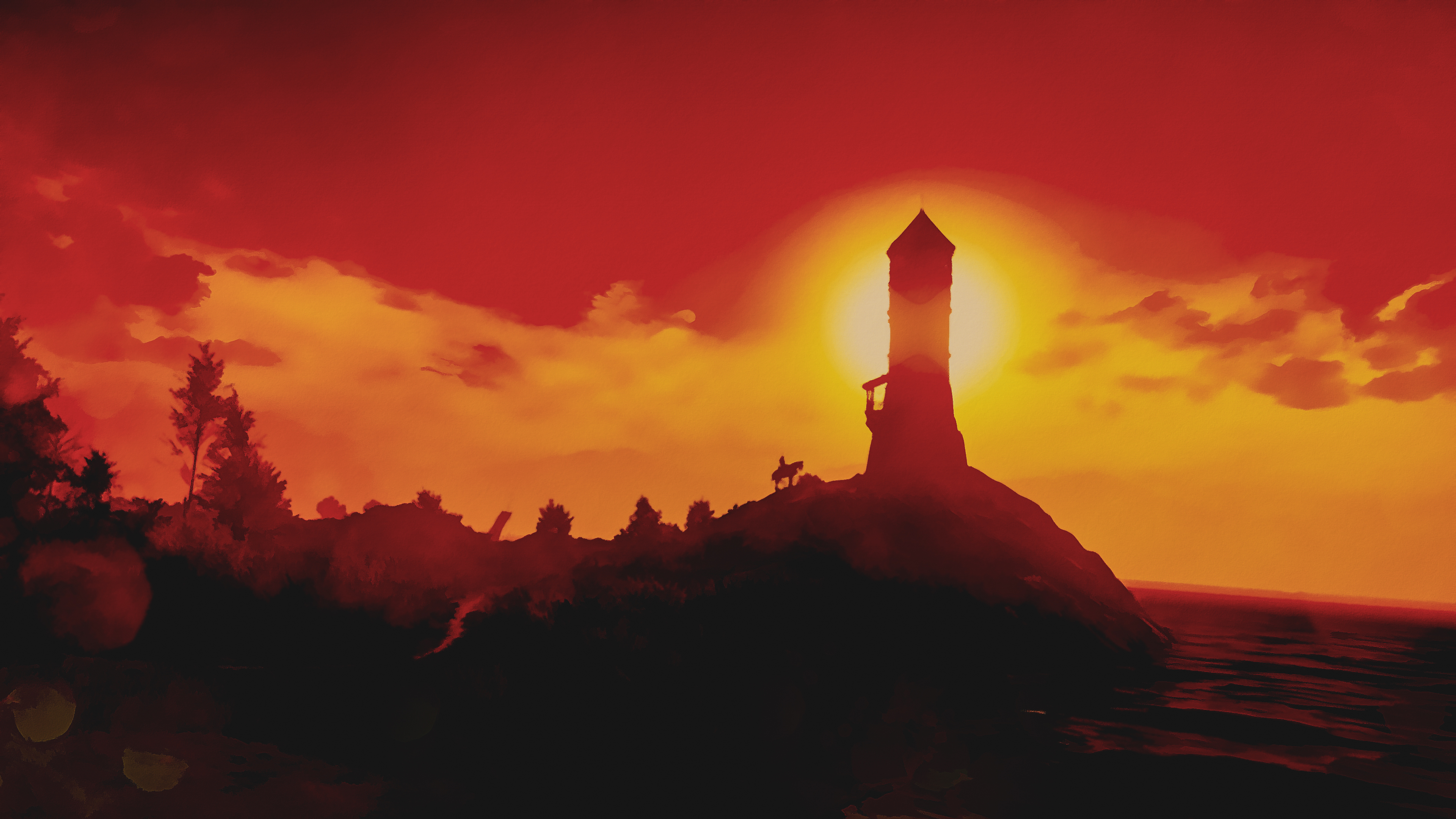 The Witcher The Witcher 3 Wild Hunt Light House Artwork Sunset Sea Horse Peninsula 3840x2160