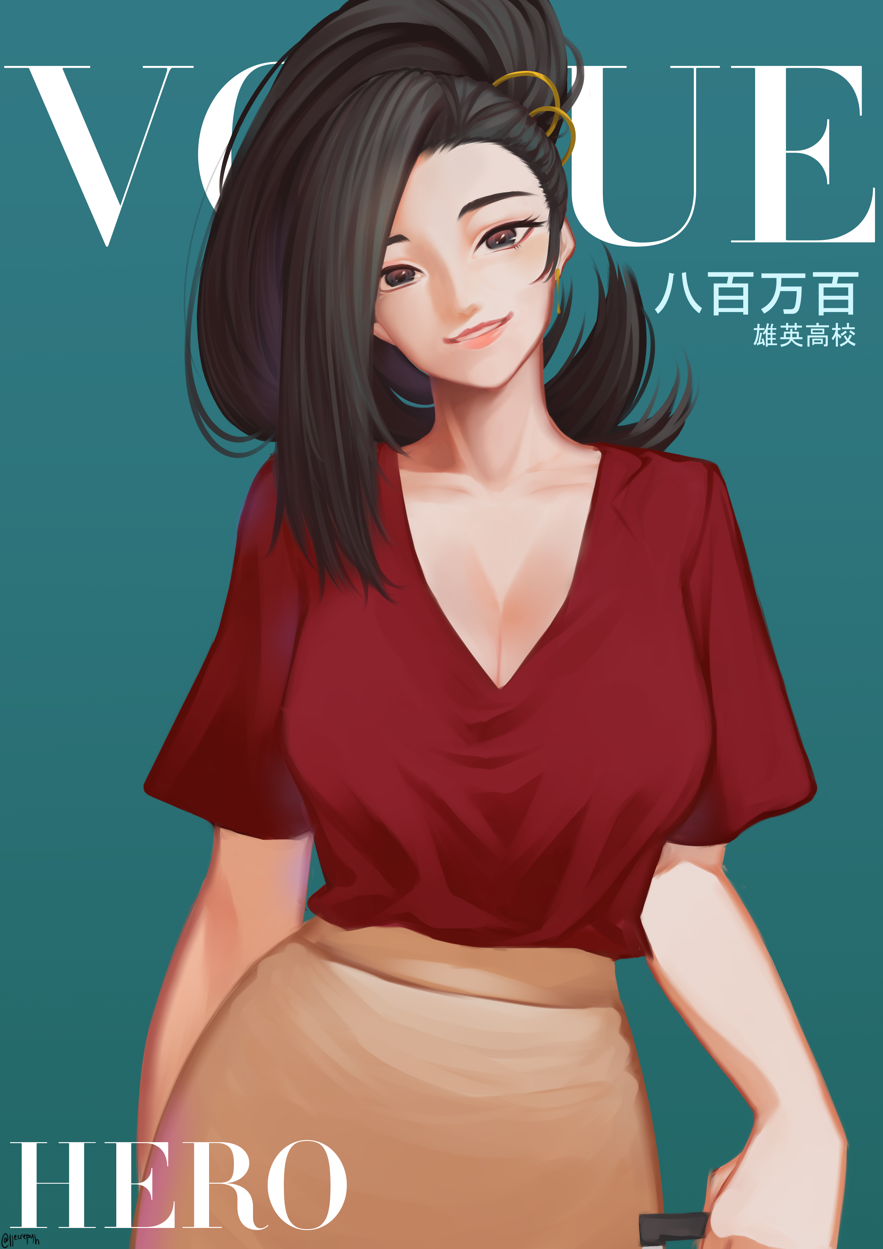 Boku No Hero Academia Anime Girls Yaoyorozu Momo Portrait Black Hair Red T Shirt Smiling Ponytail Bl 2893x4092