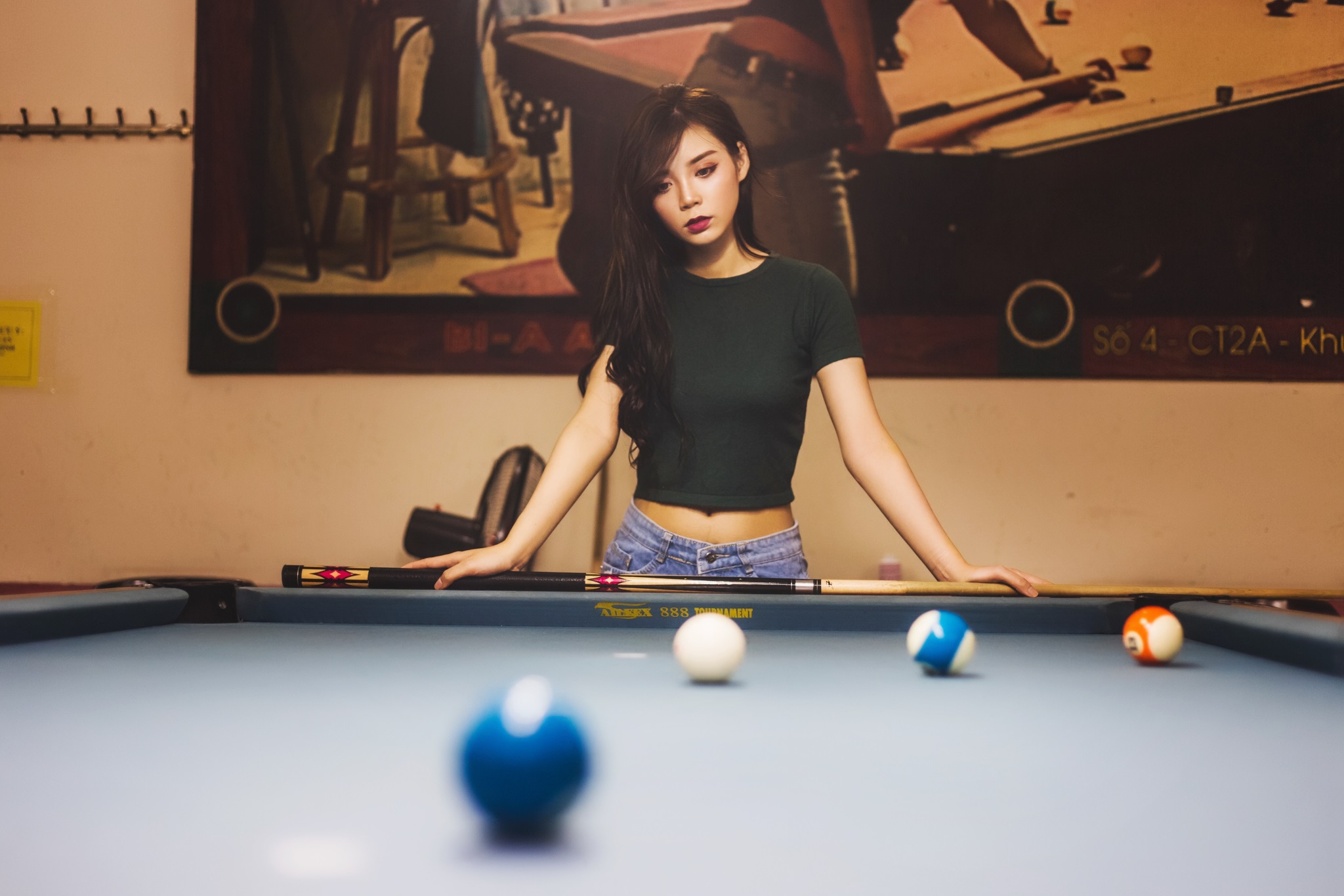 Women Model Brunette Long Hair Asian Red Lipstick T Shirt Bokeh Pool Table Billiards Pool Balls Bill 2048x1365
