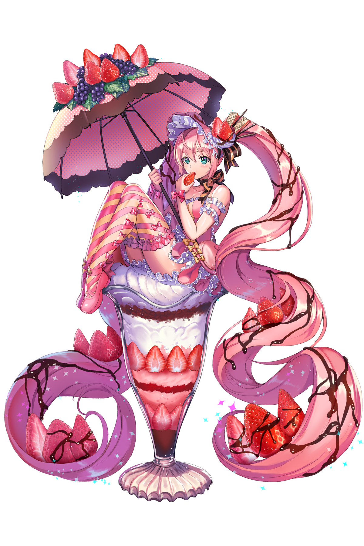 Anime Anime Girls Long Hair Pink Hair Umbrella Minigirl Glass Ice Cream Black Background Strawberrie 1200x1800