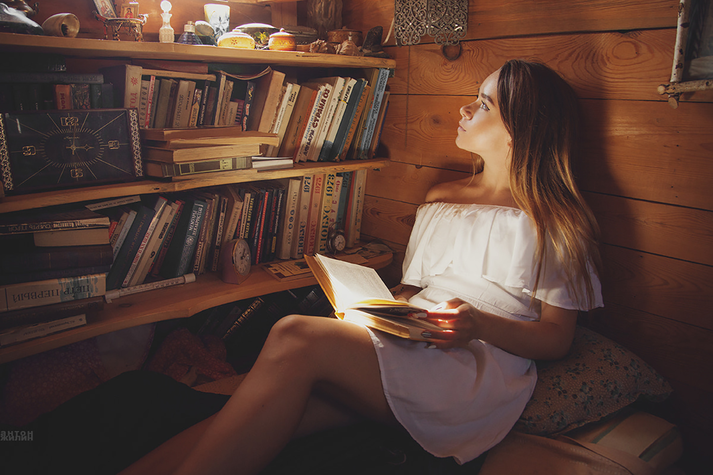 Anton Zhilin Brunette Books White Dress Reading 1440x960