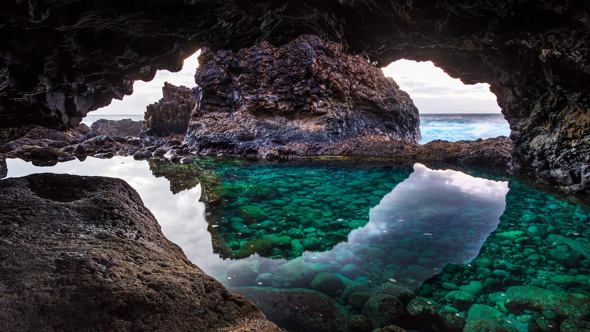 Nature Rocks Cave Clear Water Waves Clouds Canary Islands Spain 1920x1080