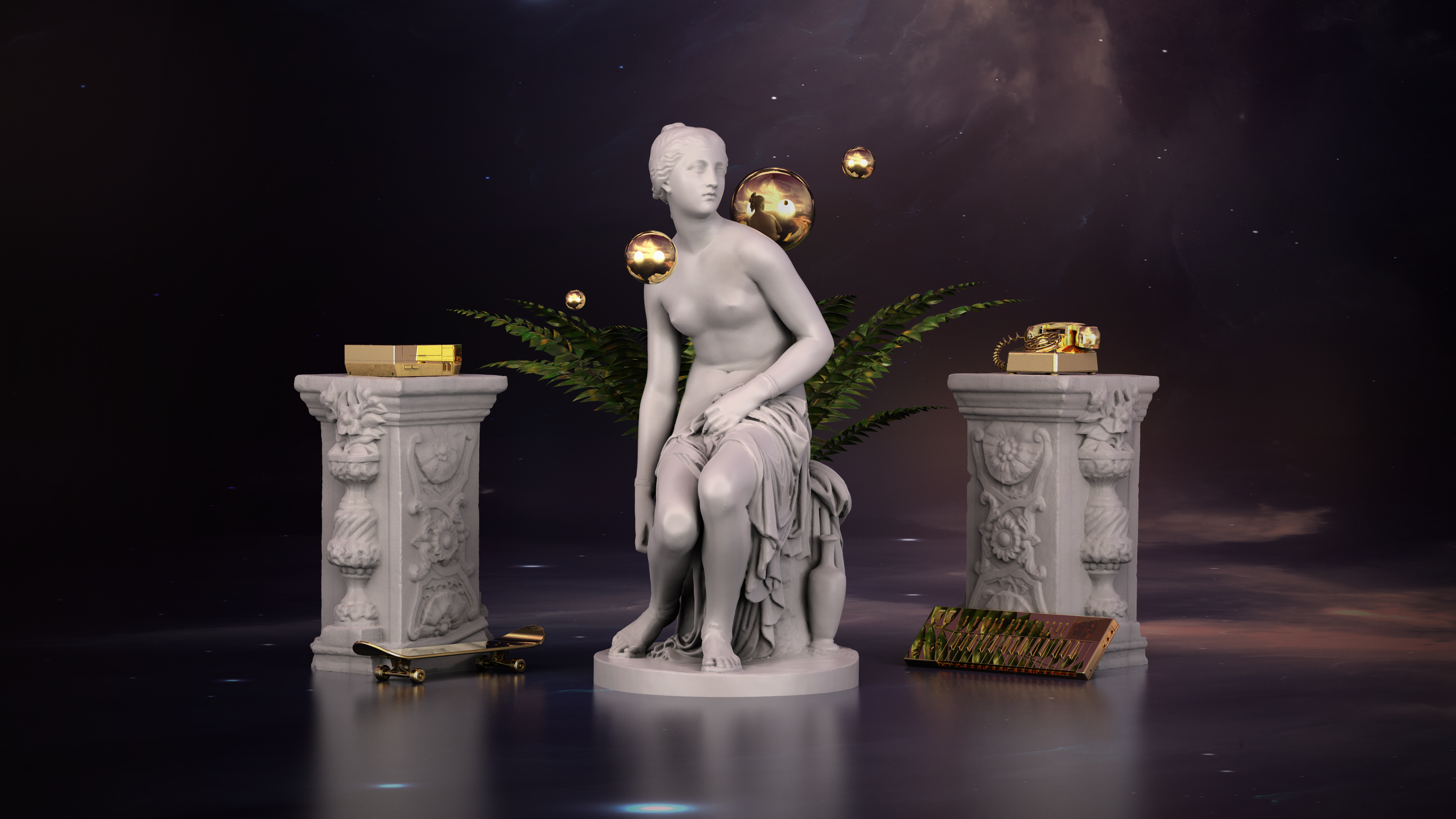 3D Space Marble Gold Nintendo Entertainment System Skateboard Piano Synth Phone Statue Ferns 3840x2160