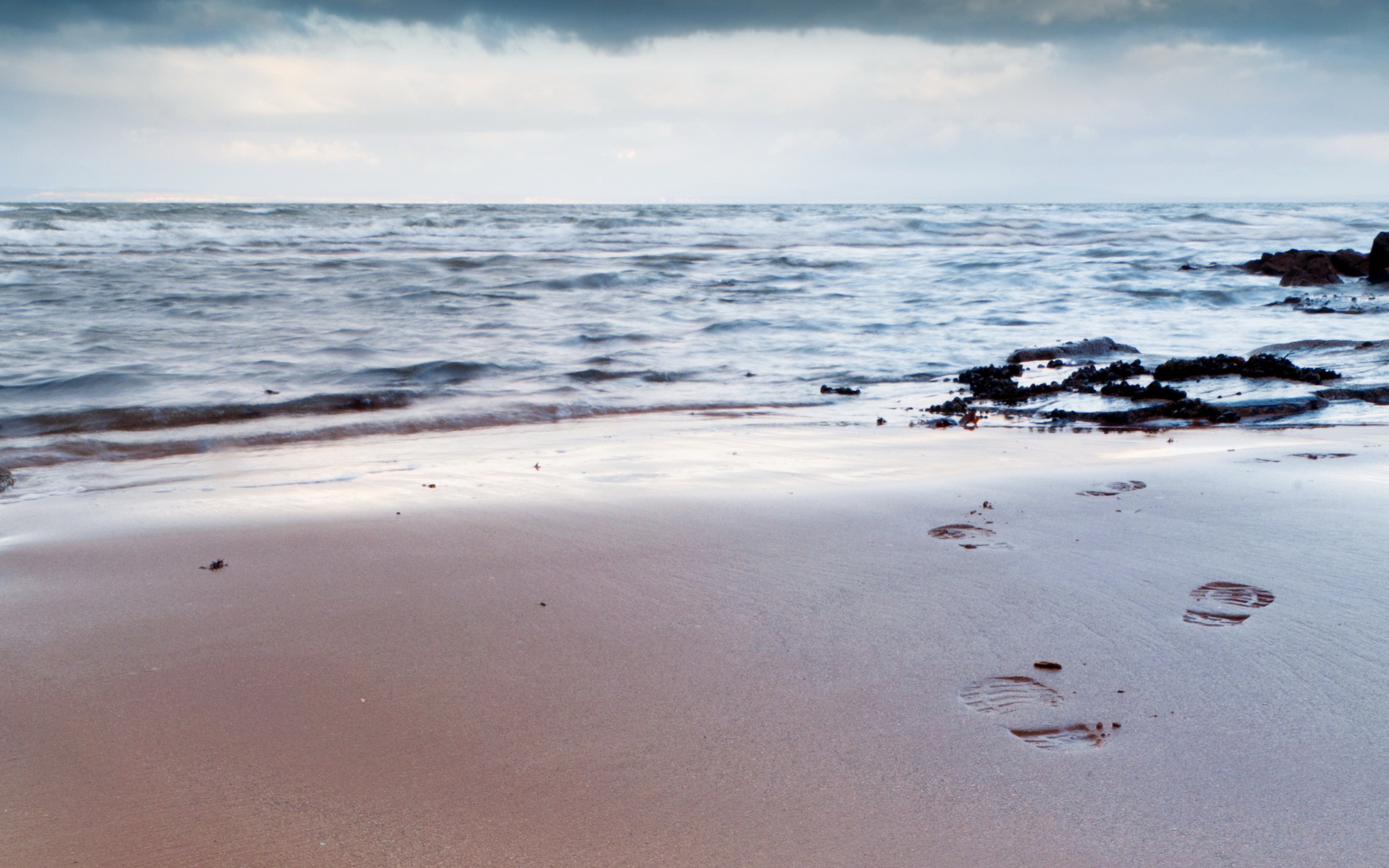 Landscape Beach Sea Footprints Sand Horizon 2560x1600