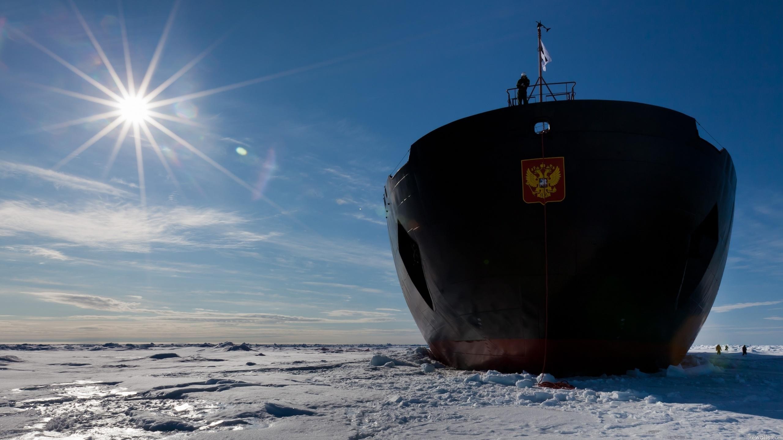 Ship Cargo Shadow Winter Ice Snow Russian Sun Clouds Icebreakers Men Ropes Flag Coat Of Arms Sunligh 2560x1440