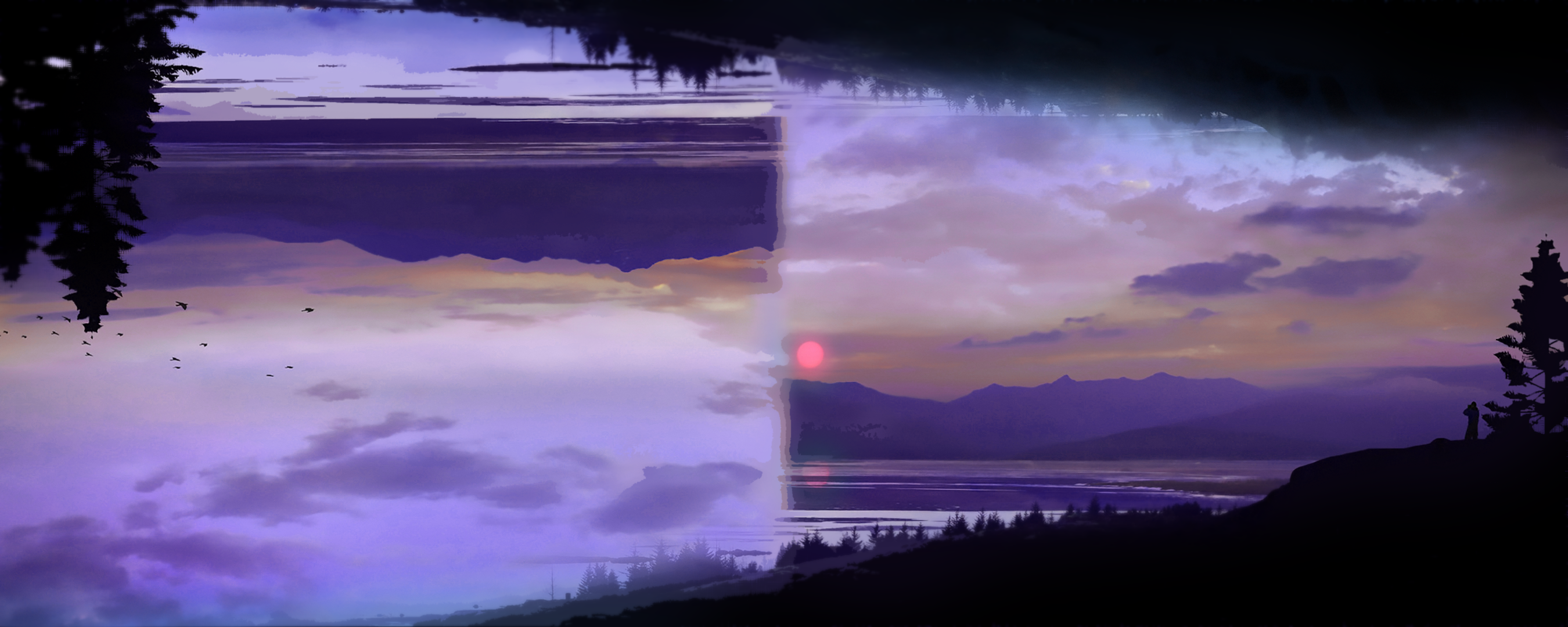 Landscape Nature Glitch Art Shattered Lake Mountains 2700x1080