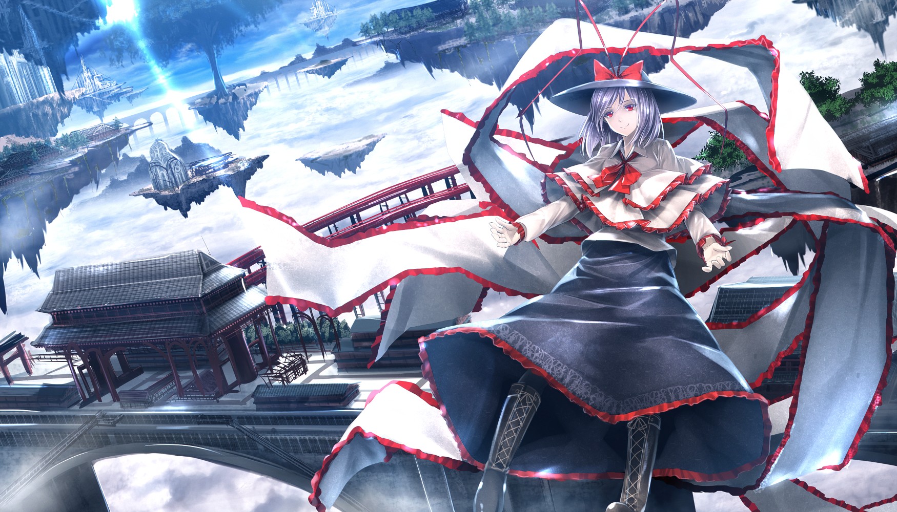 Touhou Nagae Iku Short Hair Ribbon Floating Floating Island Boots Skirt Hat Sky Clouds Anime Girls A 1750x1000