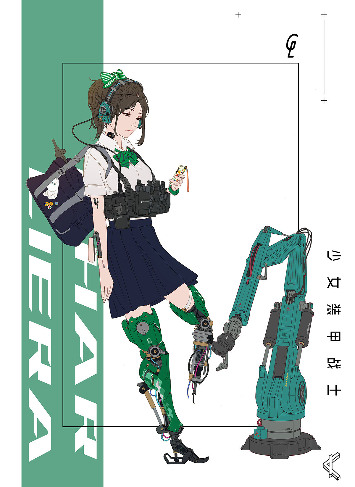 Park JunKyu Artwork Digital Art Cyberpunk Schoolgirl Women Cyborg Concept Art Headphones Bow Tie Han 1200x1646