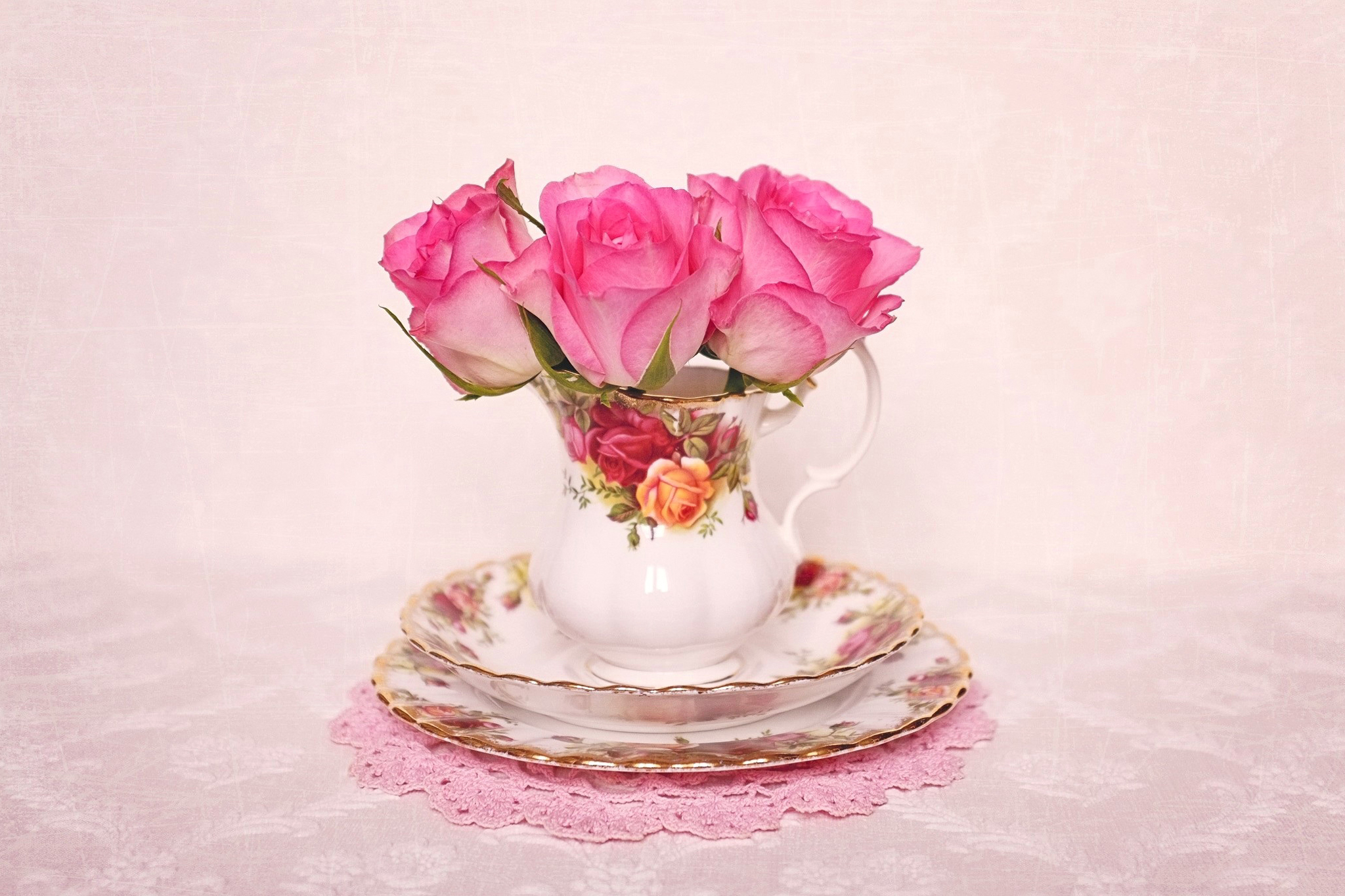 Still Life Rose Cup Saucer Pink Flower 2048x1365