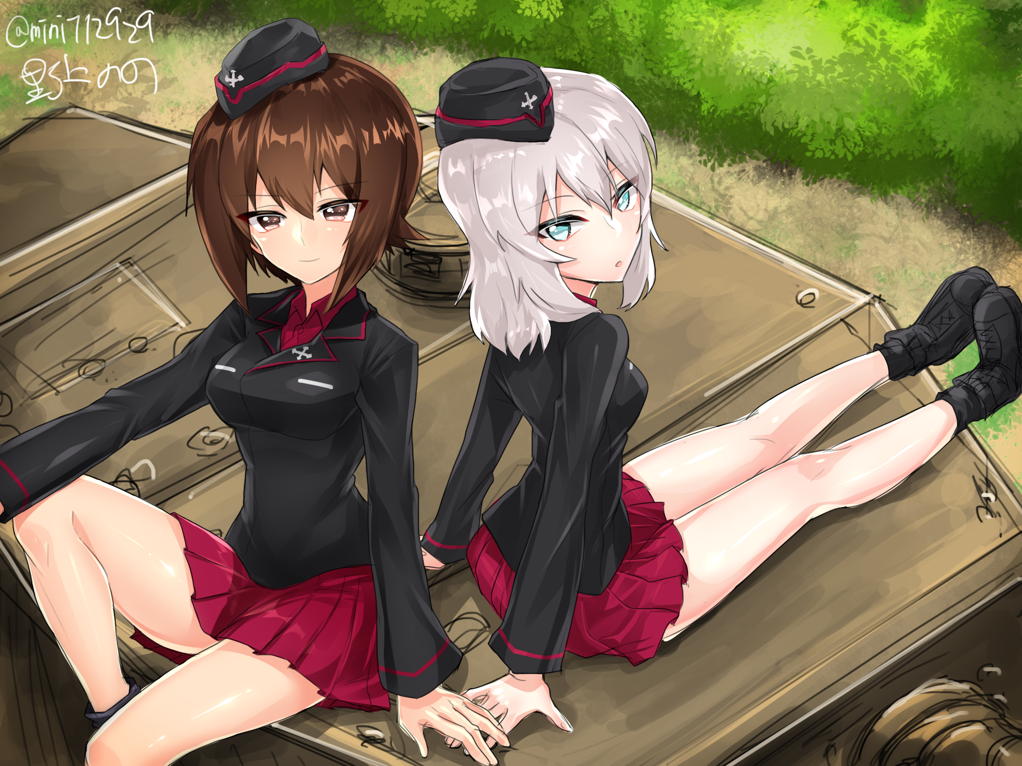 Anime Anime Girls Nishizumi Maho Itsumi Erika Skirt Legs Short Hair Gray Hair Brunette Brown Eyes Aq 2000x1500