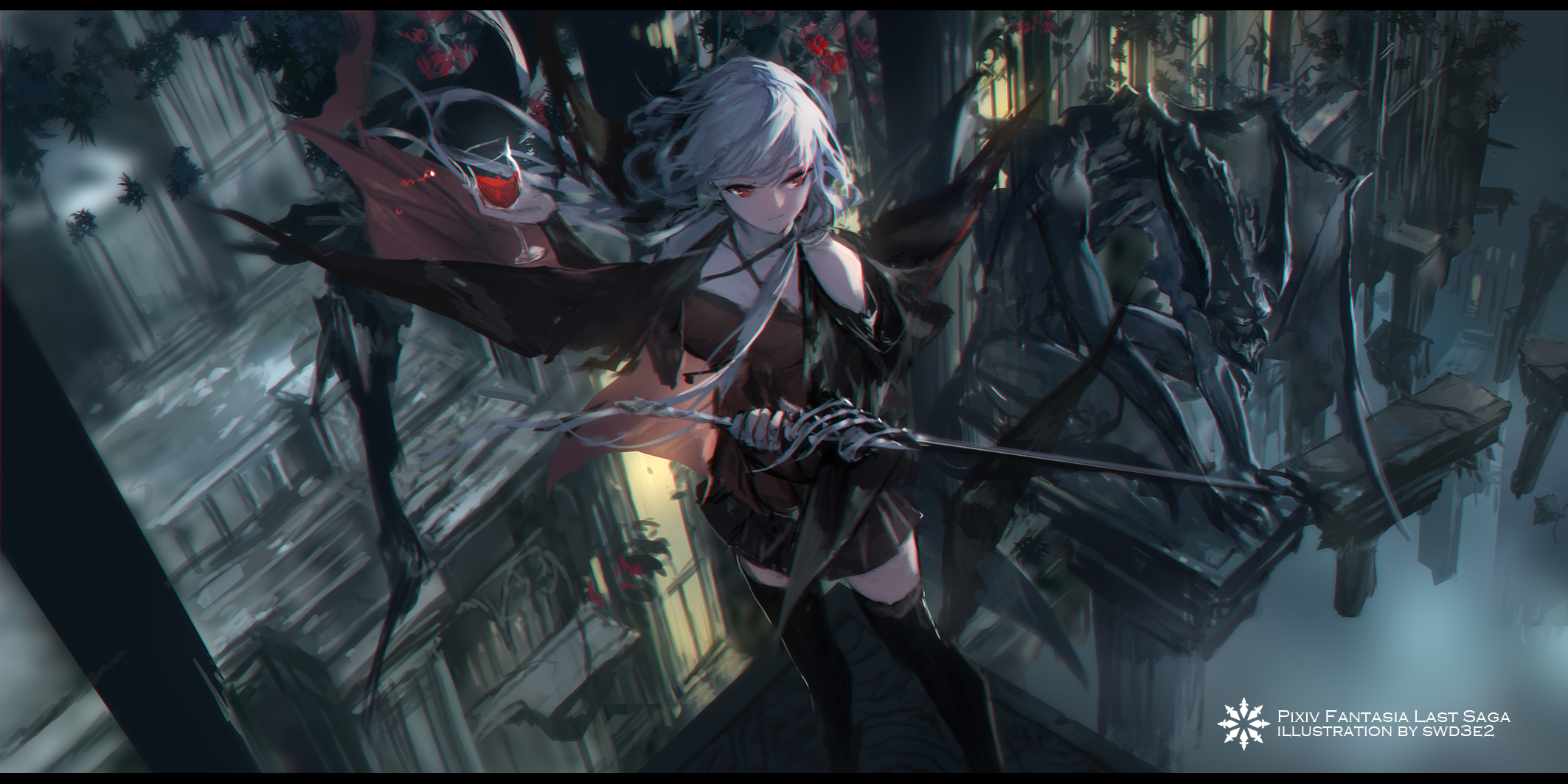 Pixiv Fantasia Anime Girls Women White Hair Long Hair Red Eyes Looking Away Skirt Thigh Highs Drinki 2126x1063