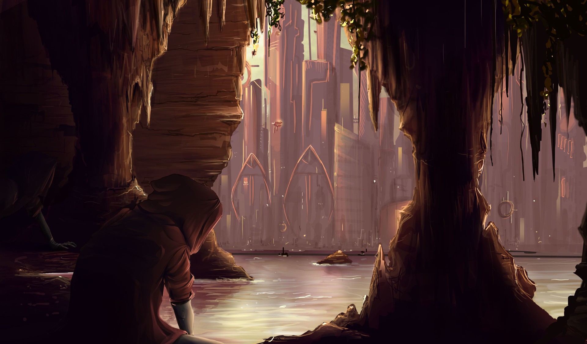 DoubiDoubi City Cave Dystopian Landscape Drawing 1920x1125