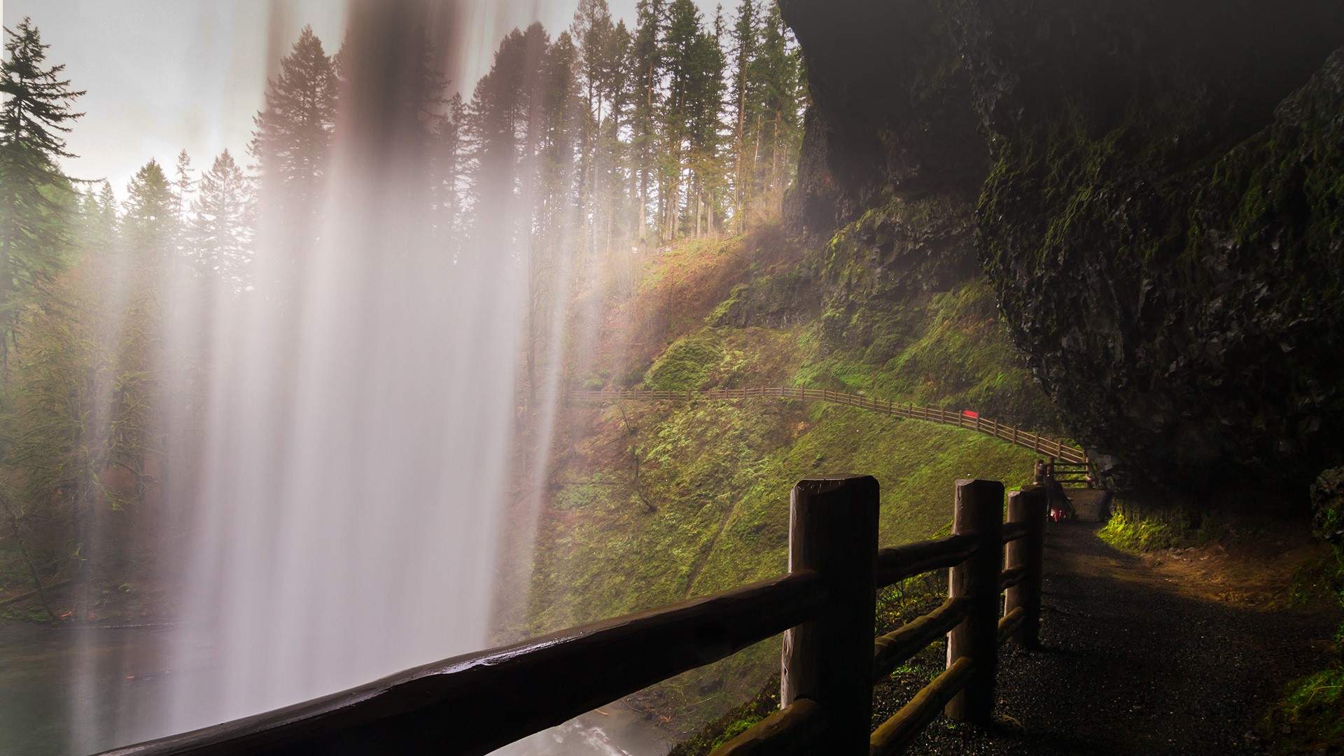 Nature Landscape Fence Water Path Trees Rocks Long Exposure Moss Monsoon Waterfall South Falls Orego 1920x1080