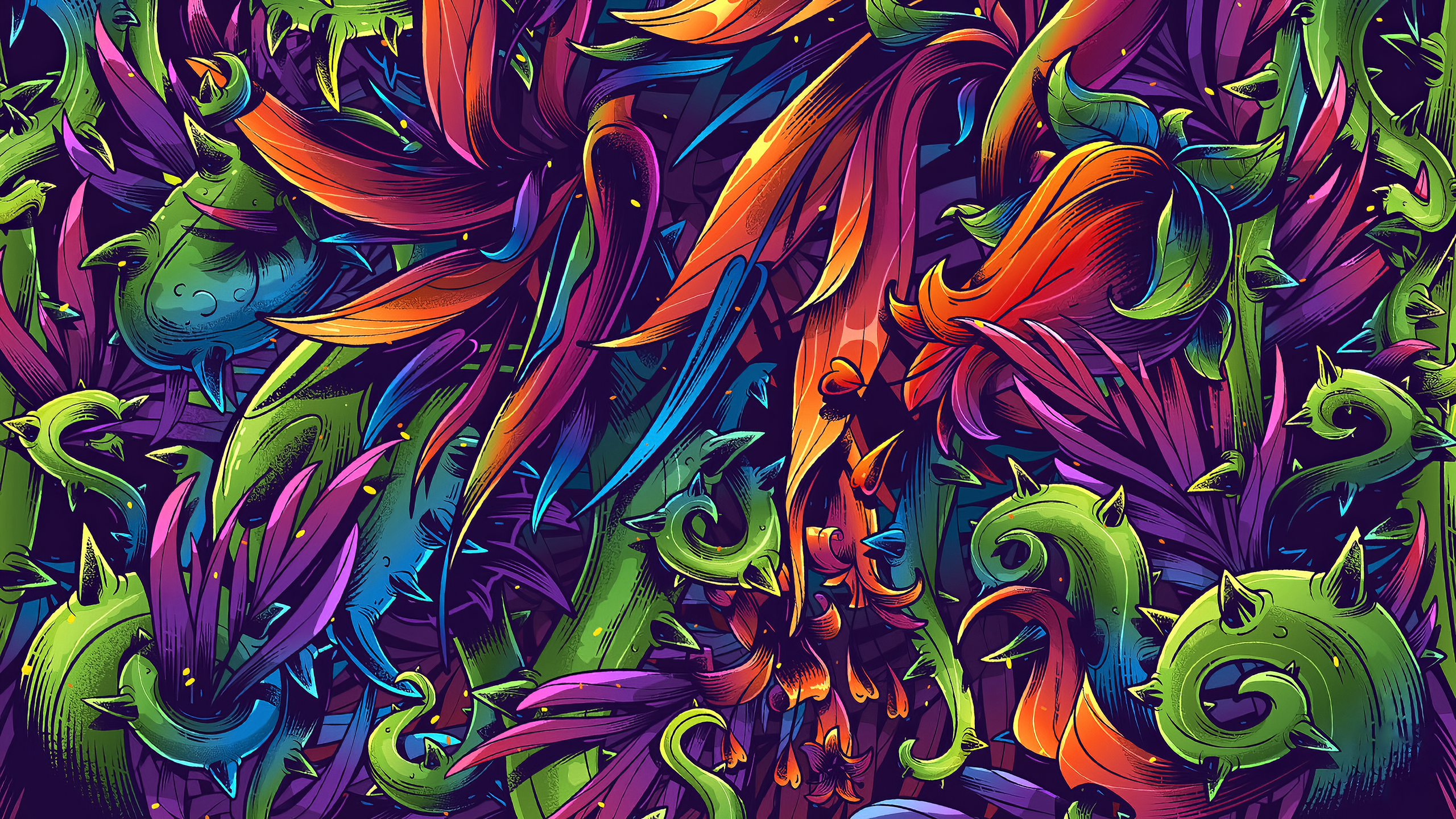 Artwork Colorful Digital Art Abstract Leaves Plants Yaroslav Slavinskiy Thorns 2560x1440