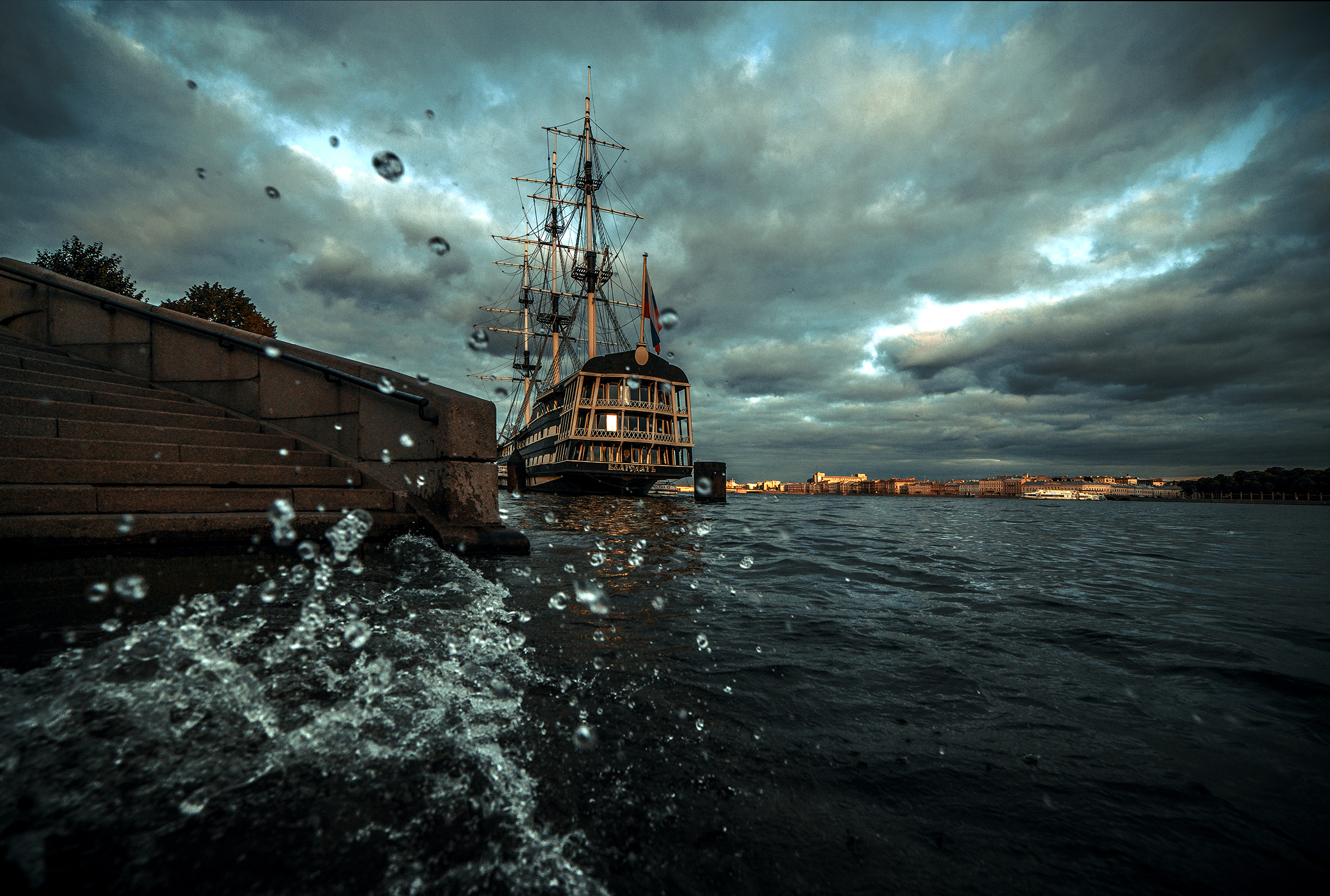 Ship Sailing Ship Clouds Splashes Water Splash Photography Water Water Drops Cityscape St Petersburg 2373x1600