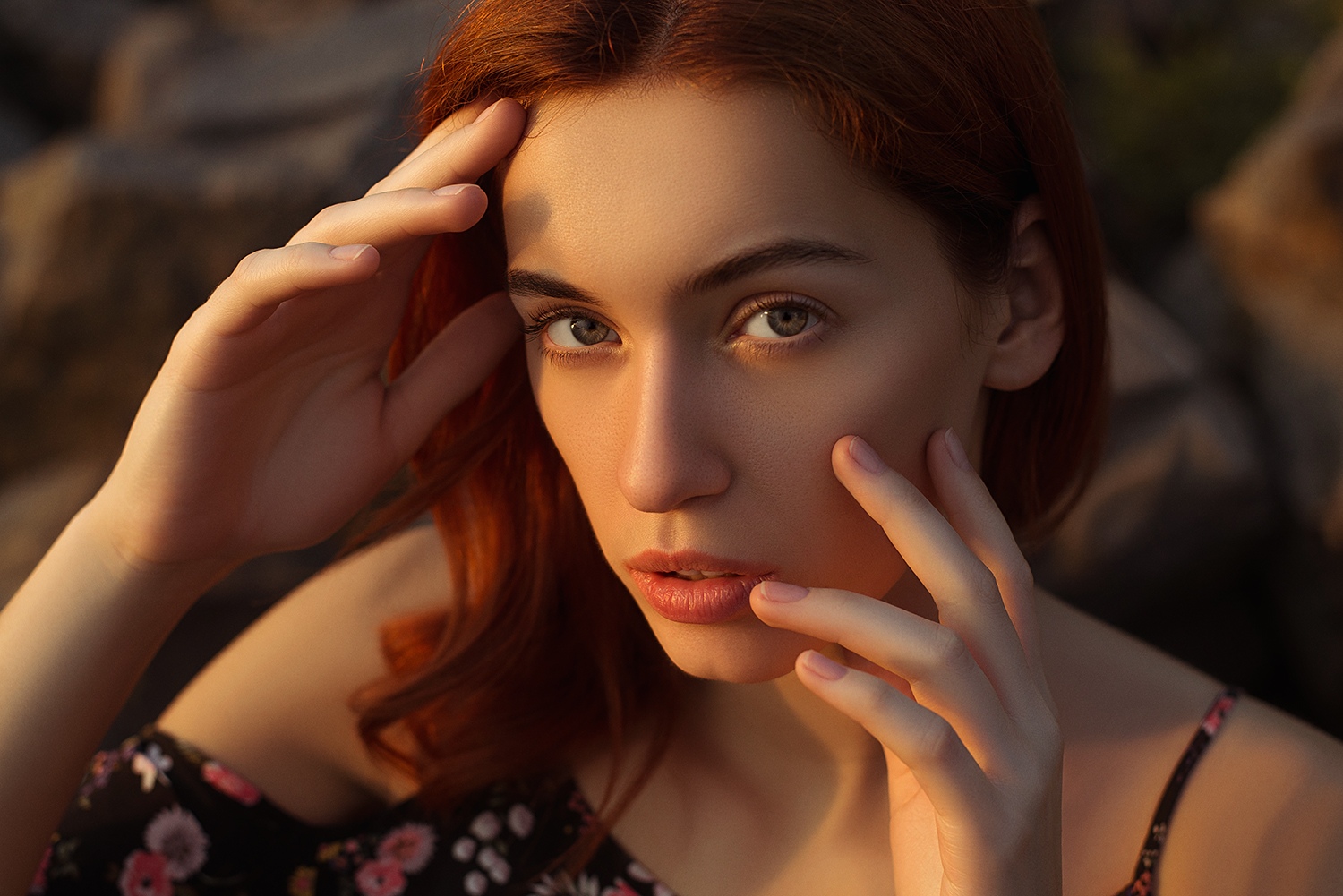 Women Model Redhead Looking At Viewer Face Touching Face Bokeh Hands Outdoors Portrait Women Outdoor 1500x1001