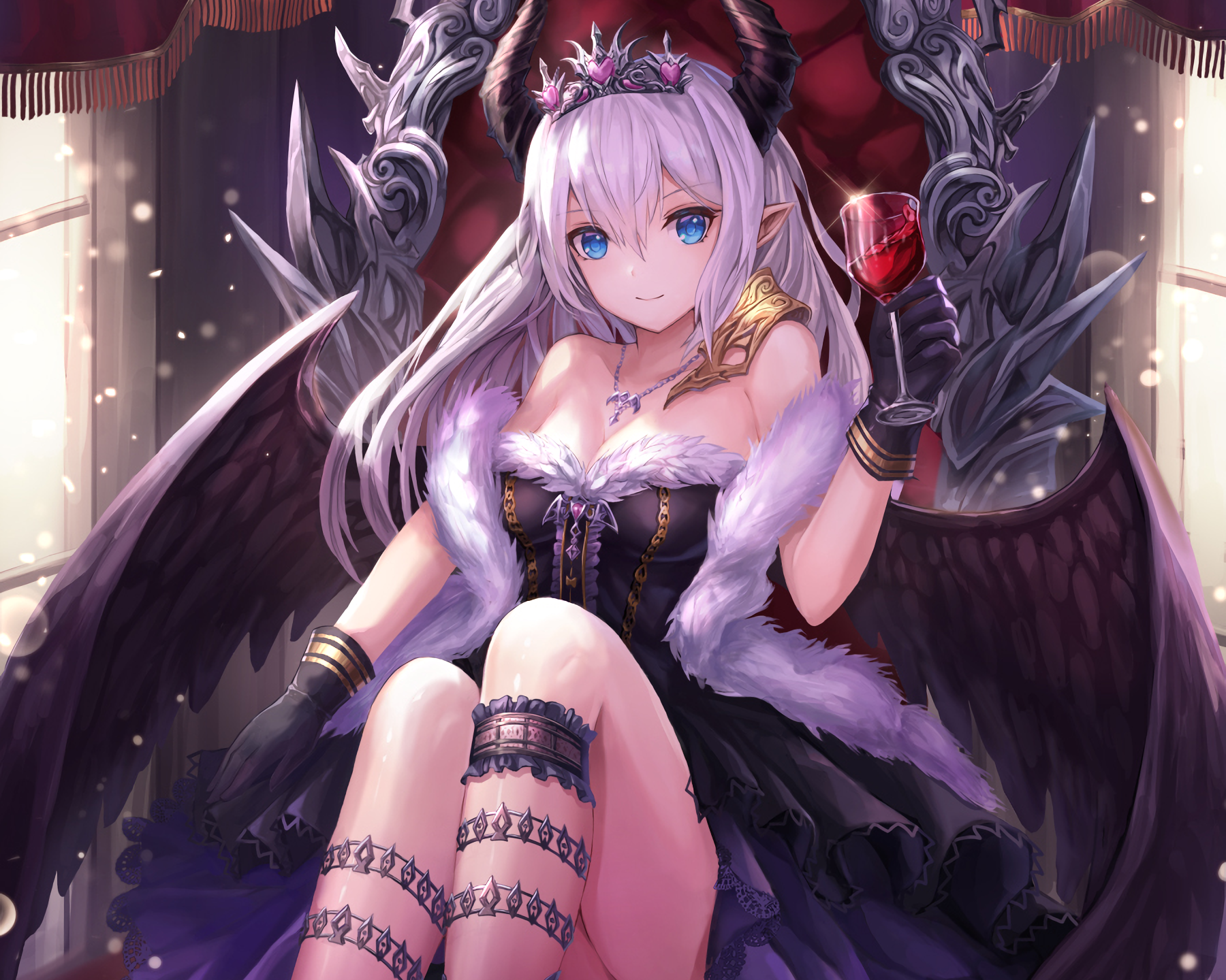 Silver Hair Aqua Eyes Horns Black Wings 1800x1440