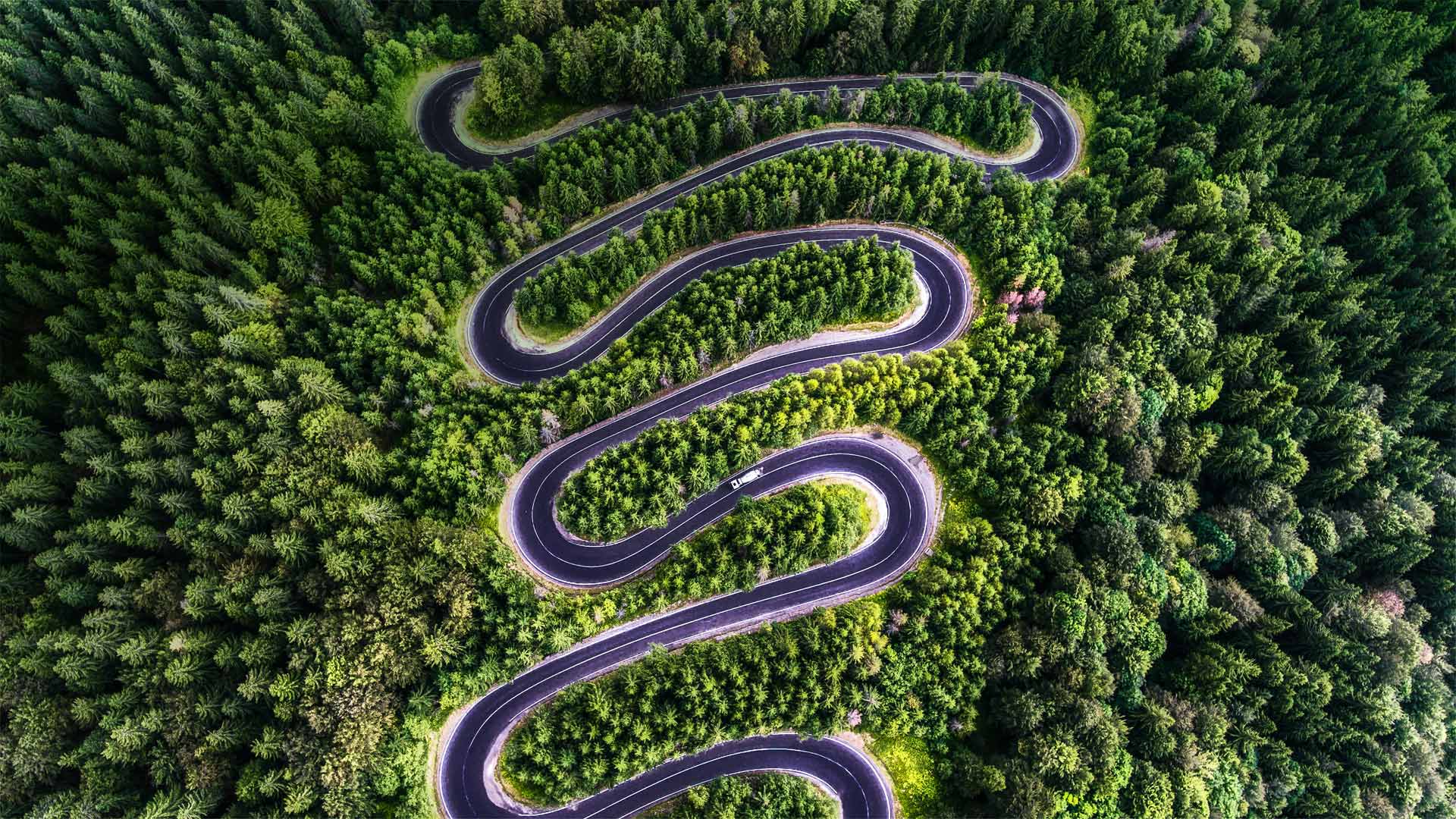 Road Hairpin Turns Nature Landscape Trees Forest Aerial View Birds Eye View 1920x1080