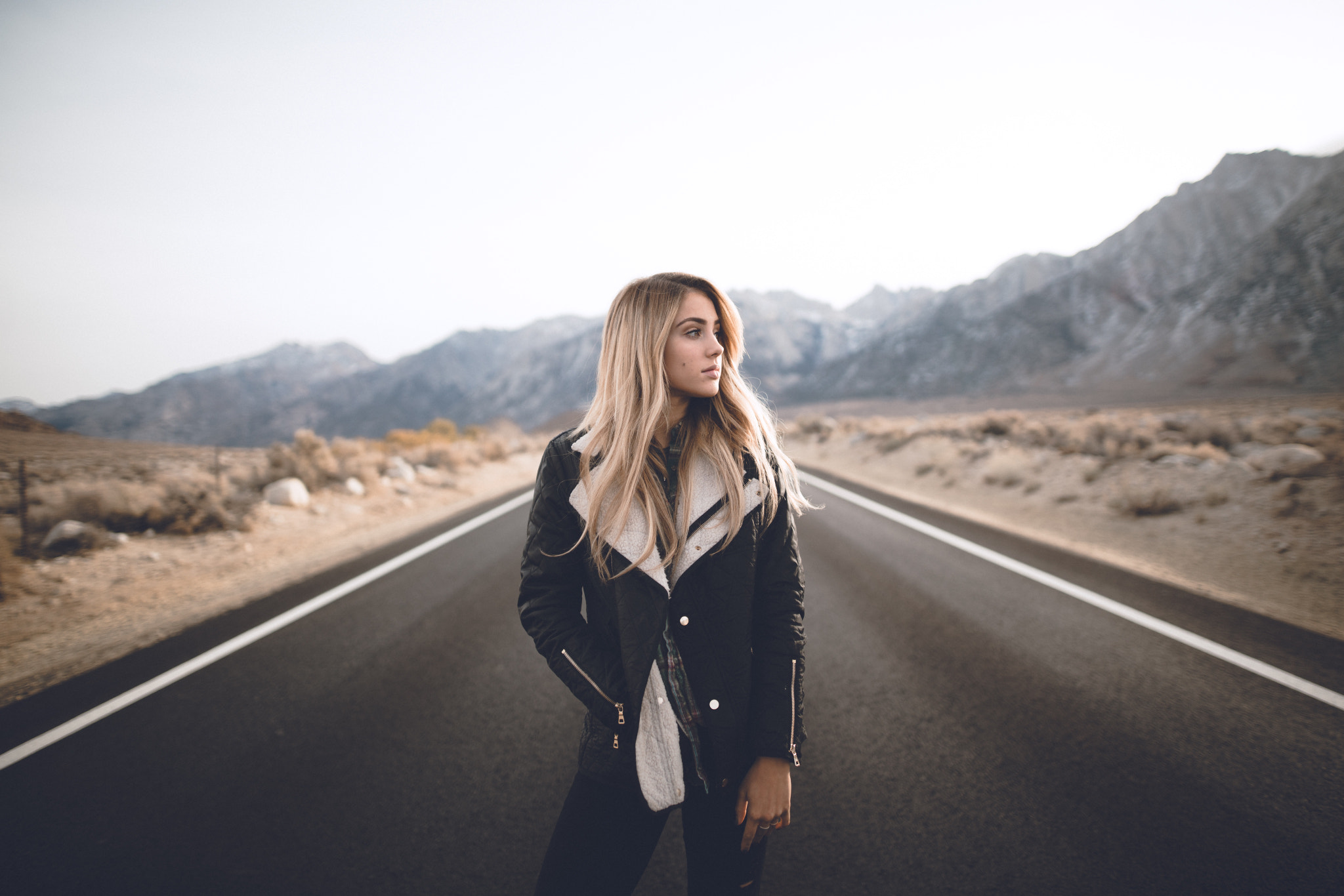 Women Blonde Looking Into The Distance Road Mountains Zach Allia Charly Jordan Jacket Long Hair Wome 2048x1366